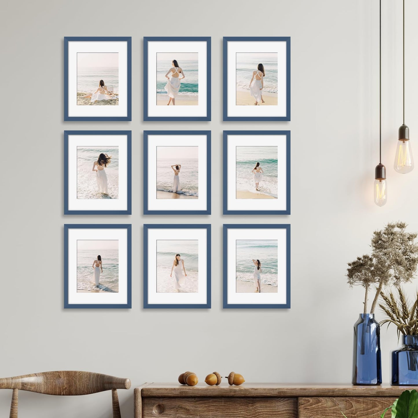 YESKAY 8x10 Picture Frame Set of 9, Display Pictures 5x7 with Mat or 8 x 10 Without Mat, Multi Photo Frames for Wall Mounting or Table Top Display, Blue BST326H