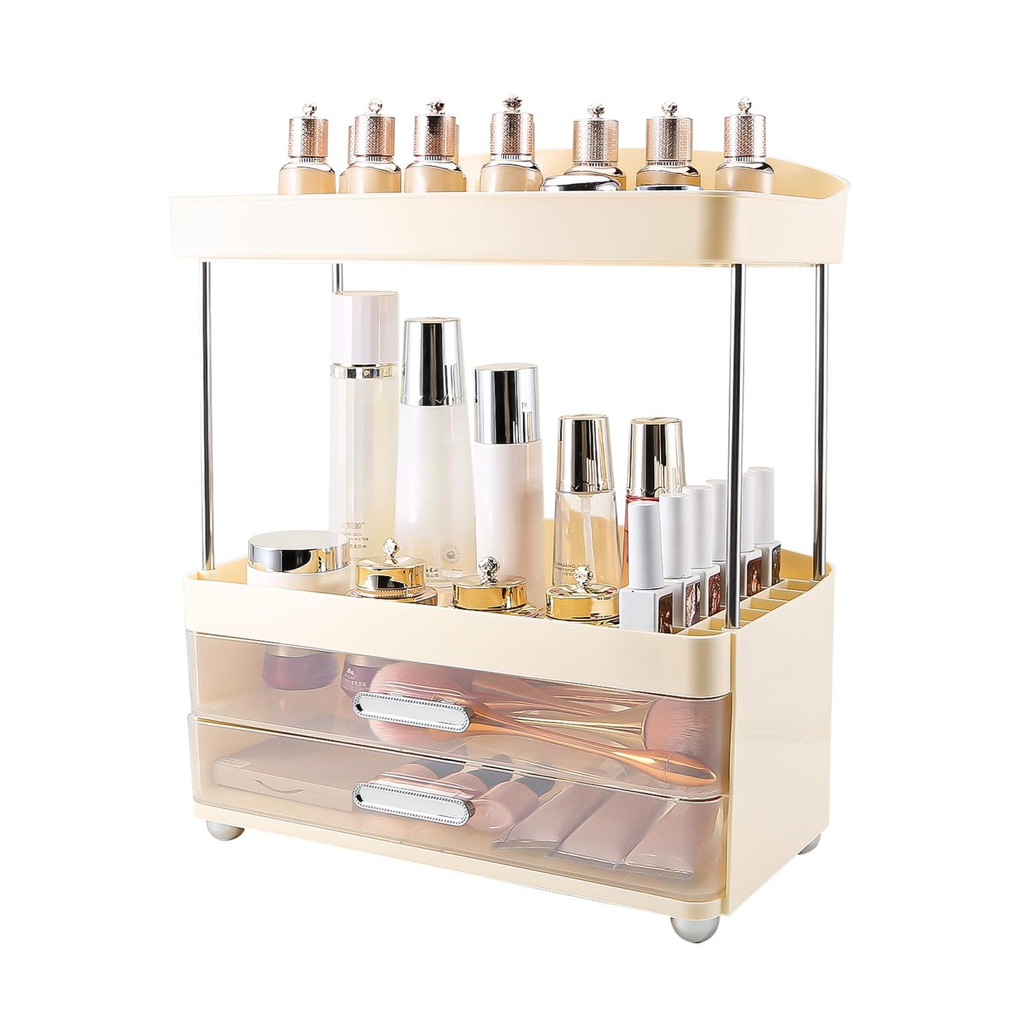 DASITON 4 Tiers Makeup Organizer, 2 Drawers Large Cosmetic Organizers for Vanity Bathroom Countertop, Bathroom Organizers and Storage for Skincare, Cosmetic, Perfume, Dresser Organizer (Cream+Clear) BST220