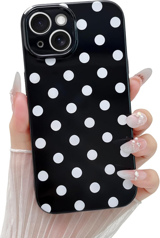 Skyseaco Compatible with iPhone 15 Case Cute Polka Dot Phone Case Soft Slim TPU Shockproof Phone Cover Full Camera Protection for Women Girls - Black WN420