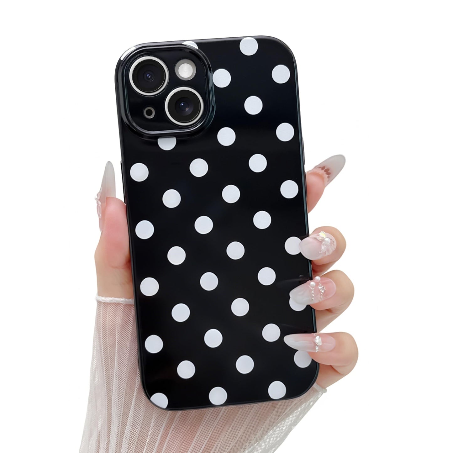 Skyseaco Compatible with iPhone 15 Case Cute Polka Dot Phone Case Soft Slim TPU Shockproof Phone Cover Full Camera Protection for Women Girls - Black WN420