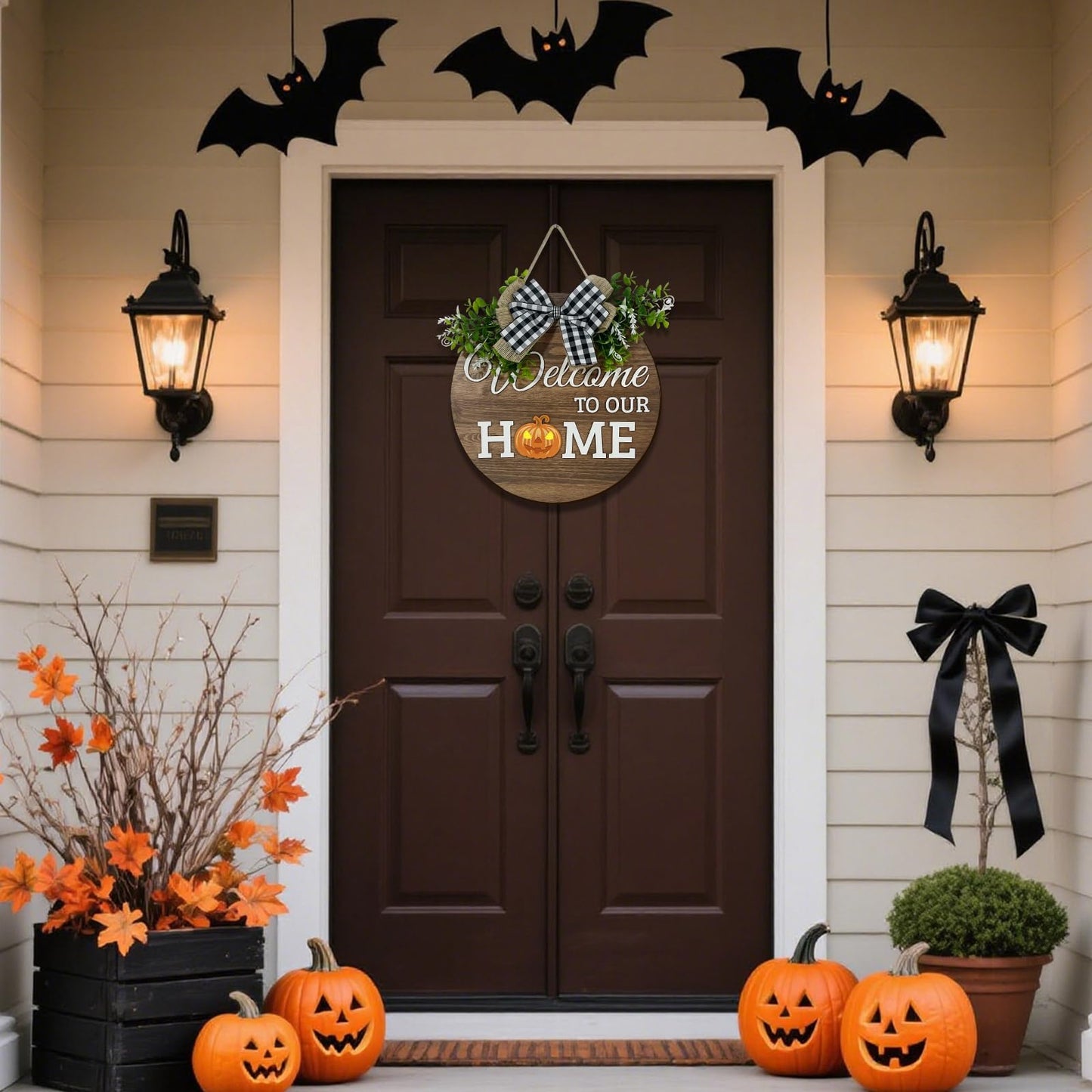 Interchangeable Seasonal Welcome Sign Front Door Decoration,Rustic Round Wood Wreaths Wall Hanging Outdoor Decor for Spring Summer Autumn and Winter All Seasons Holiday Halloween Christmas(Elf) BST326H