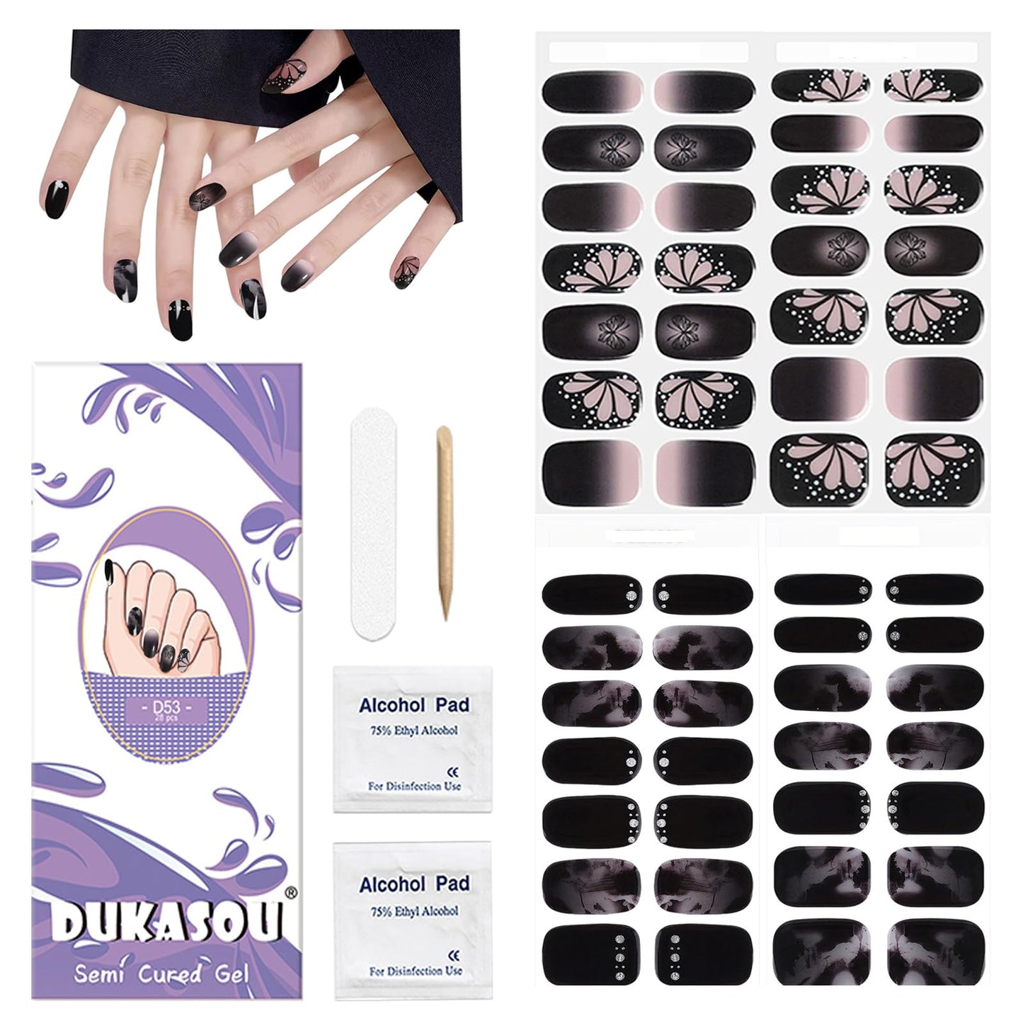 Semi Cured Gel Nail Strips, 56Pcs Nail Art Stickers/Wraps, Long Lasting UV Nail Polish Strips for Adults (Silver Rhinestones+French Tip Glitter) BST220