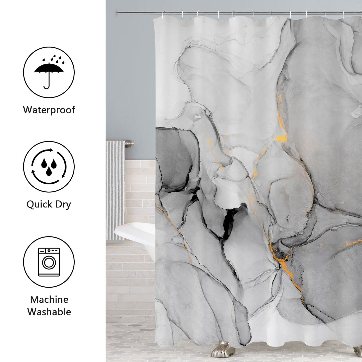 Gibelle 4 Pcs Bathroom Shower Curtain Set with Non-Slip Rugs, Toilet Lid Cover and Bath Mat, Grey Blue Marble Bathroom Decor Set with Shower Curtain and Rugs and Accessories BST326H