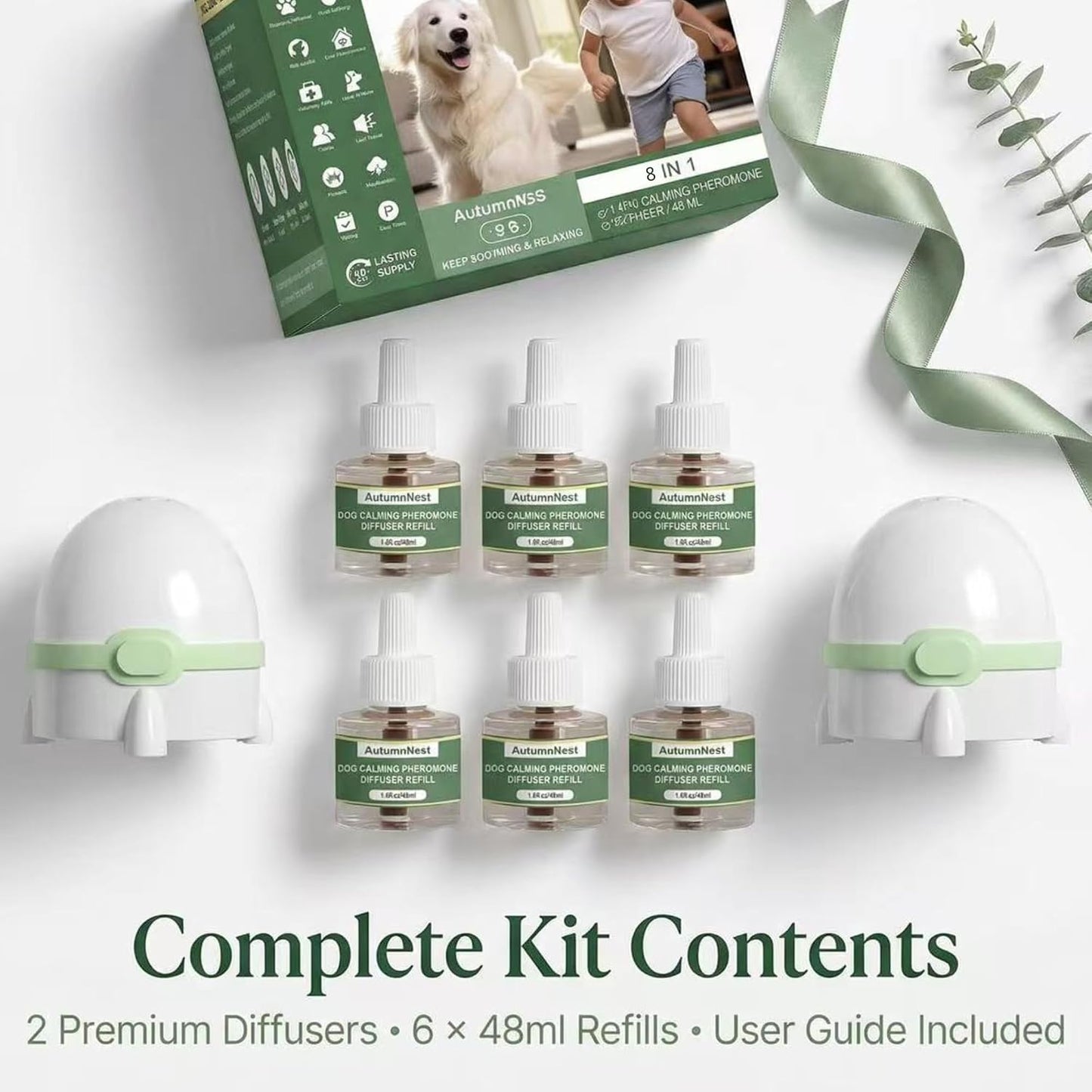 8-in-1 Dog Calming Pheromone Diffuser Kit – Pet Stress Support (2 Plug-Ins & 6x48ml Refills), Calming Diffuser for Dog During Thunderstorms, Travel, Separation, Fireworks & Vet Visits, 180-Day Supply WN420