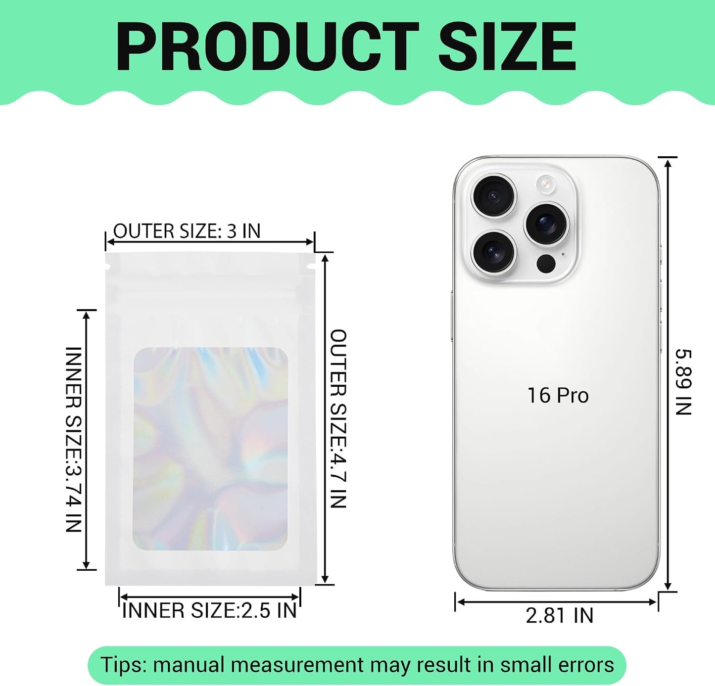 Holographic Mylar bags -100Pcs Self-Seal Resealable Zip Baggies with Clear Window, Smell Proof Laser Iridescent White 3x4.7 inch for Small Business Samples, Party favors,Snacks,Jewelry BST326L