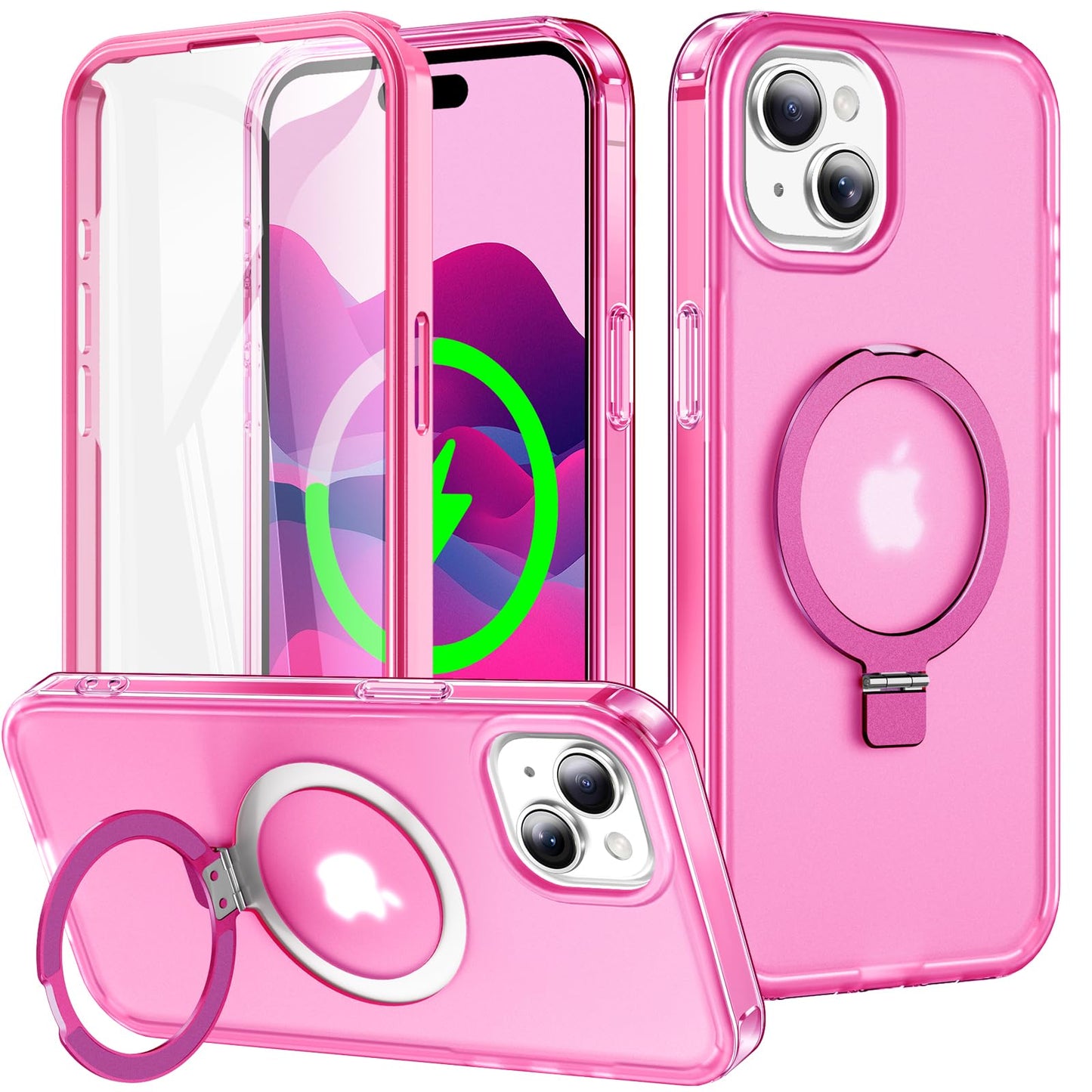 for iPhone 13 Pro Full Body Shockproof Case with Magnetic Invisible Stand [Compatible with MagSafe] Built-in Screen Protector Military Drop ProtectionTranslucent Phone Cover -Hot Pink WN420