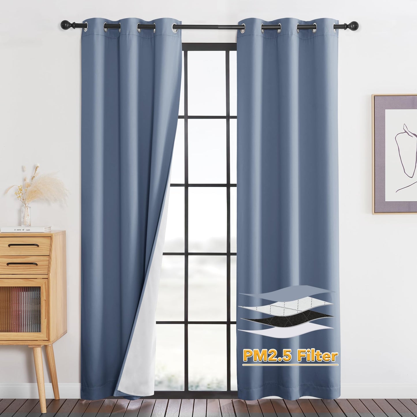 RYB HOME 4-in-1 Dust Filtering Soundproof Blackout Insulating Privacy Window Curtains for Nursery Bedroom Living Room Rivider Sound Absorption Sheet, Black, W52 x L90 inch, 2 Panels BST220