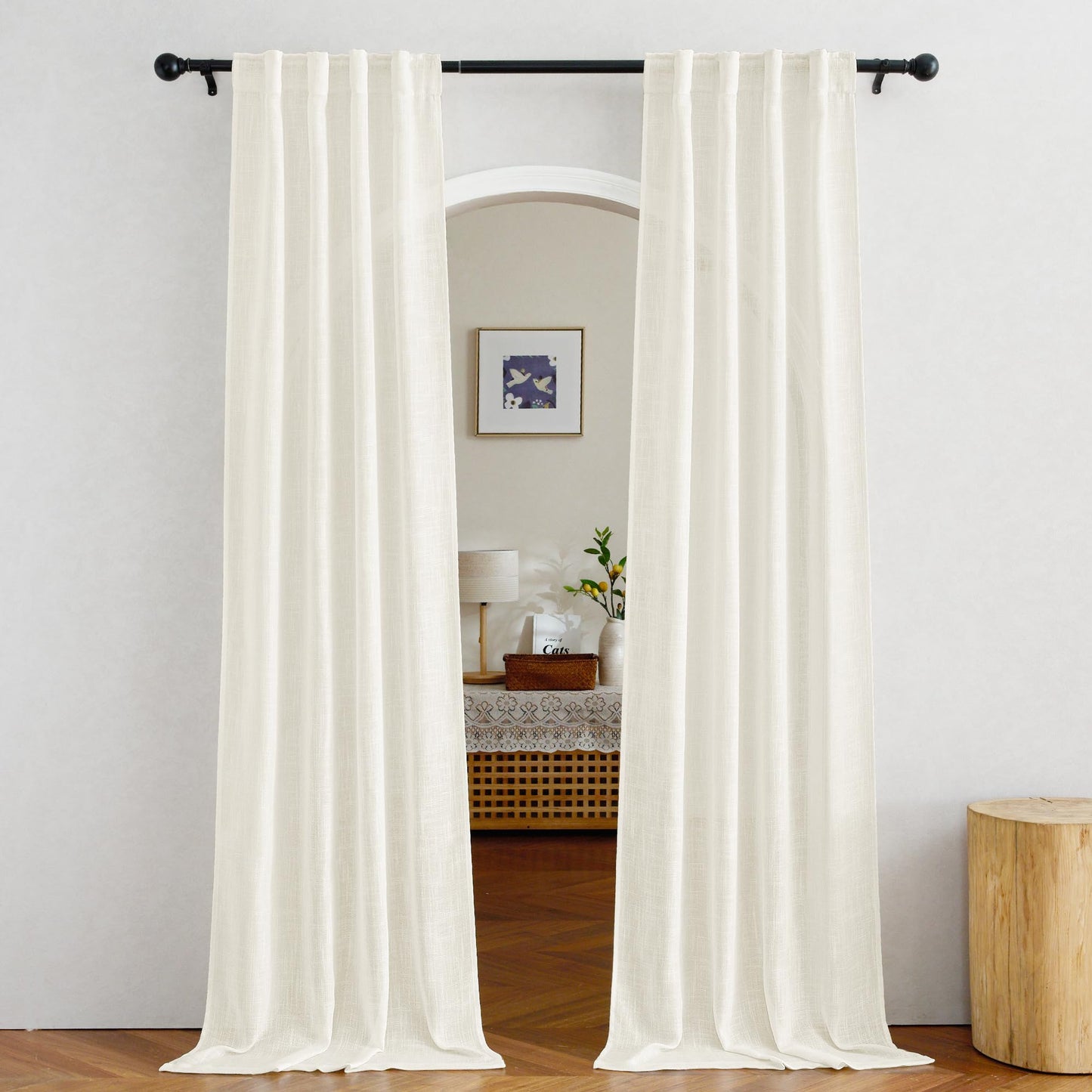 NICETOWN White Semi Sheer Kitchen Curtains 30 inch Length, Rod Pocket & Back Tab Faux Linen Blend Privacy with Light Filtering Window Drapes for Cafe, W34 x L30, 2 Panels BST220