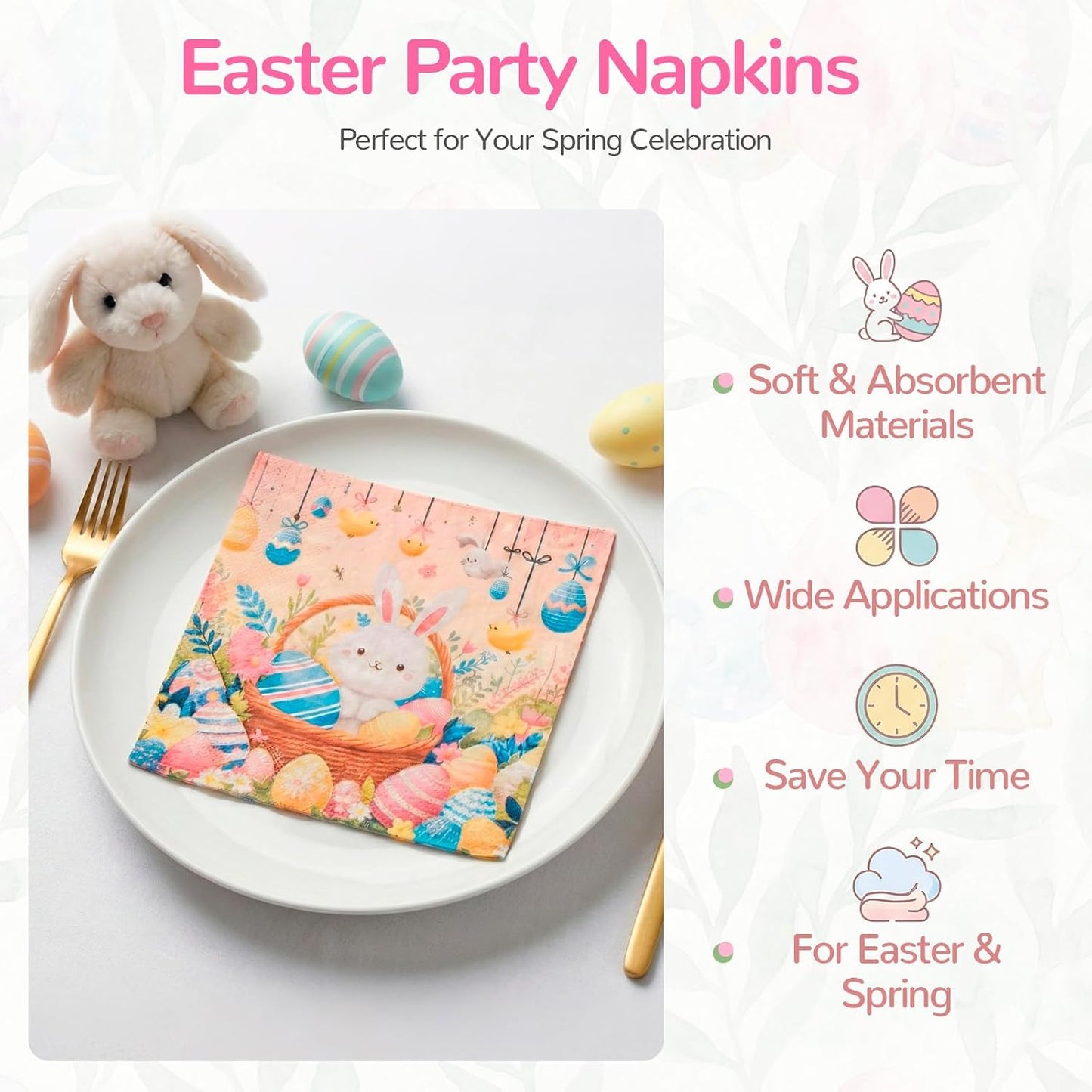 40 Pack Disposable Paper Napkins,Soft Absorbent Biodegradable Cocktail Napkin, Floral Egg Decorative for Spring Celebrations Picnic Kids Birthday BST326H