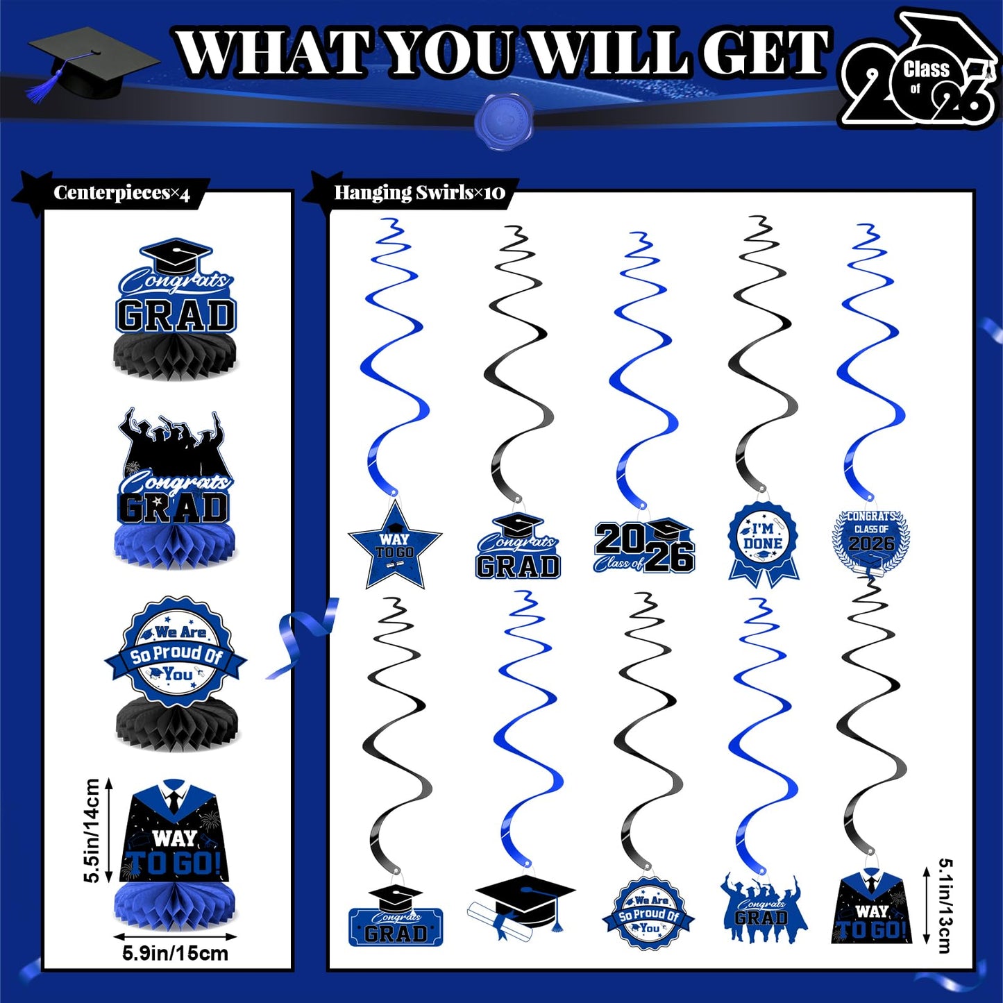 Graduation Decorations 2026-Black and Gold Graduation Party Decorations Supplies Class of 2026 with Graduation Banner, Backdrop, Balloons, Centerpieces, Hanging Swirl for Grad Party BST326H