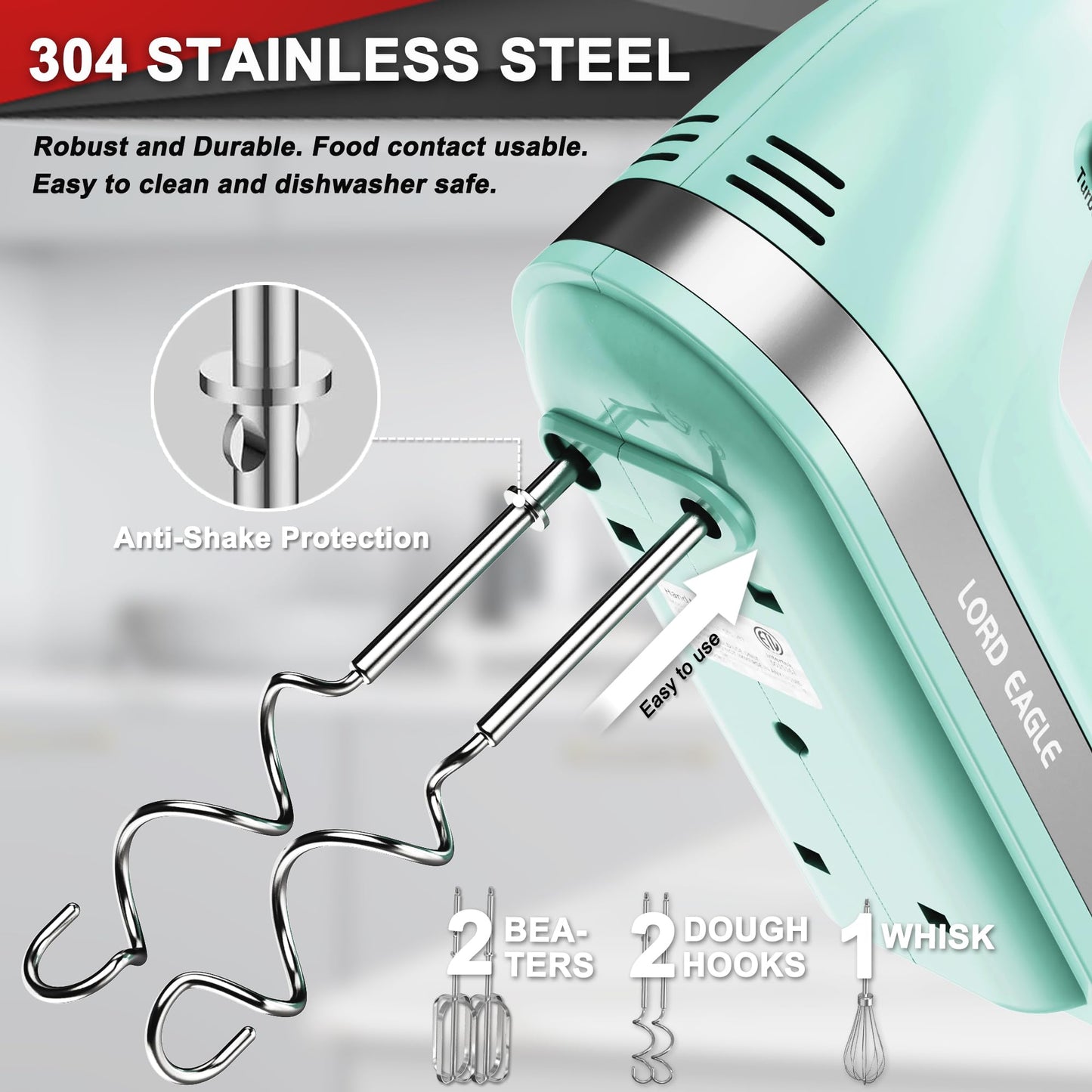 Lord Eagle Hand Mixer Electric Handheld 400W, 5-Speed Lightweight Kitchen Mixer with Storage Case, 5 Stainless Steel Attachments for Baking Cake Egg Cream Food Beater, Turbo+Eject Button, Pink
