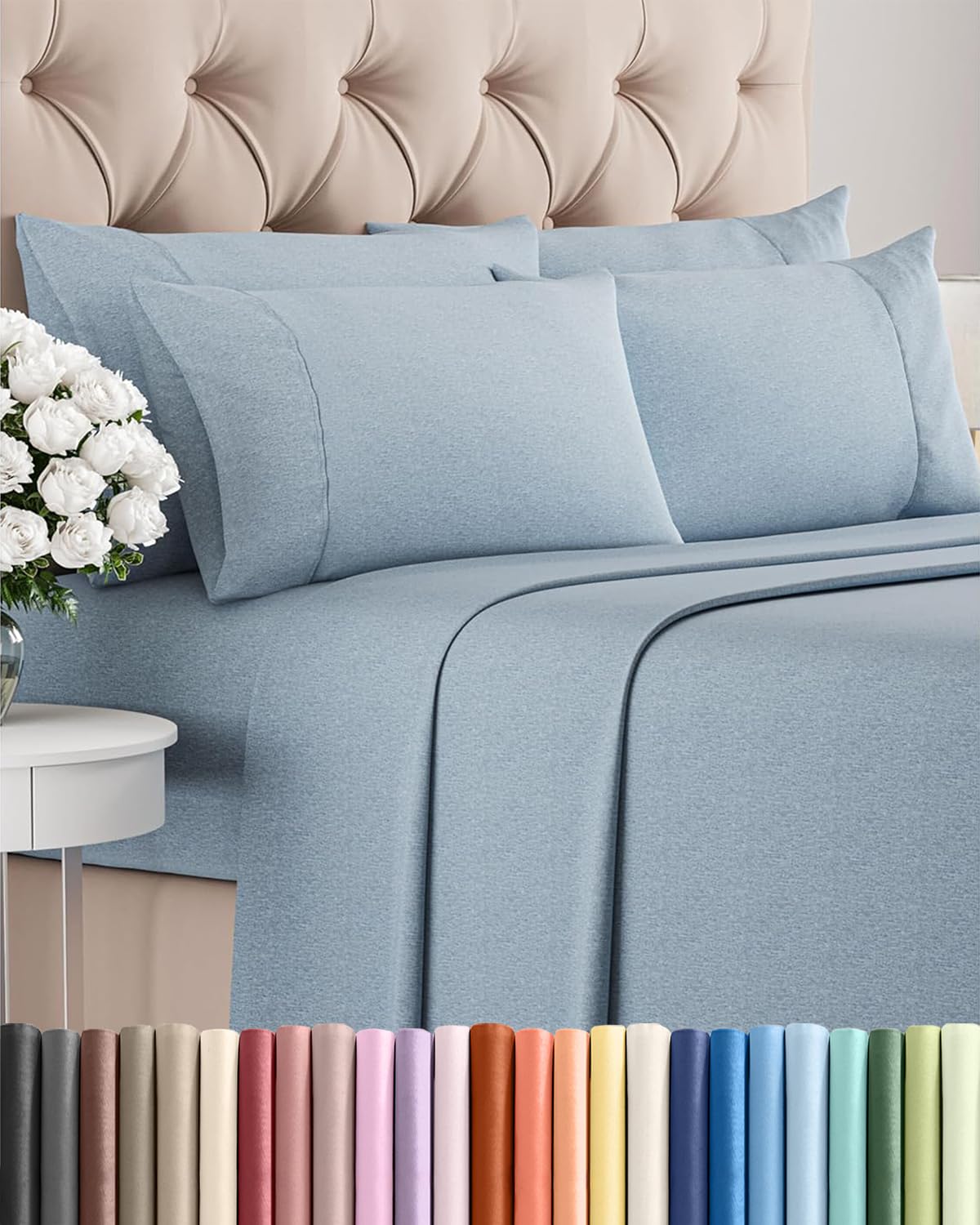 Split King 7 Piece Sheet Set - Comfy Breathable & Cooling - Soft Hotel Luxury Bedding Set with 8-16 Inch Deep Pockets - 1 Flat & 2 Fitted Sheet & 4 Pillowcases - Wrinkle Free & Easy Care - Steel Blue DD1210