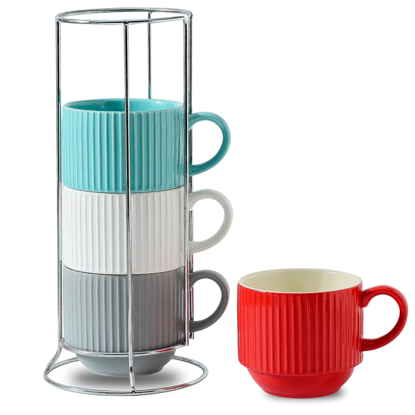 HASENSE 15 oz Ribbed Stackable Coffee Mug Set of 4, Porcelain Latte Cups with Metal Rack, Dishwasher & Microwave Safe, Cappuccino Tea Hot Cocoa, White BST220