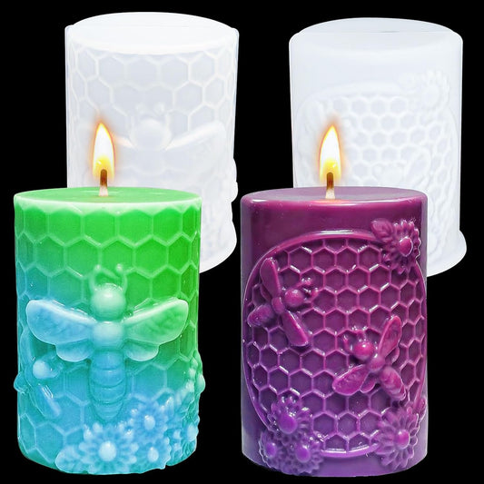 Honeycomb Bee Candle Silicone Molds 2PCS with Flowers Design, White Resin Cylindrical Mould Set, Soap Wax Beeswax Epoxy Casting Clay Mold-Kit, 2 Pack BST220