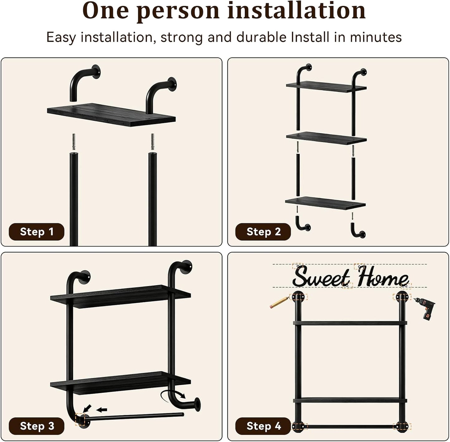 Tinpin Bathroom Shelves Wall Mounted, Rustic Farmhouse Pipe Shelves, Walls Shelf 3-Tier, Industrial Pipe Shelving, Floating Shelf Wall Decor for Bathroom, Kitchen, Bedroom, Living Room 17.3in Black DD1210