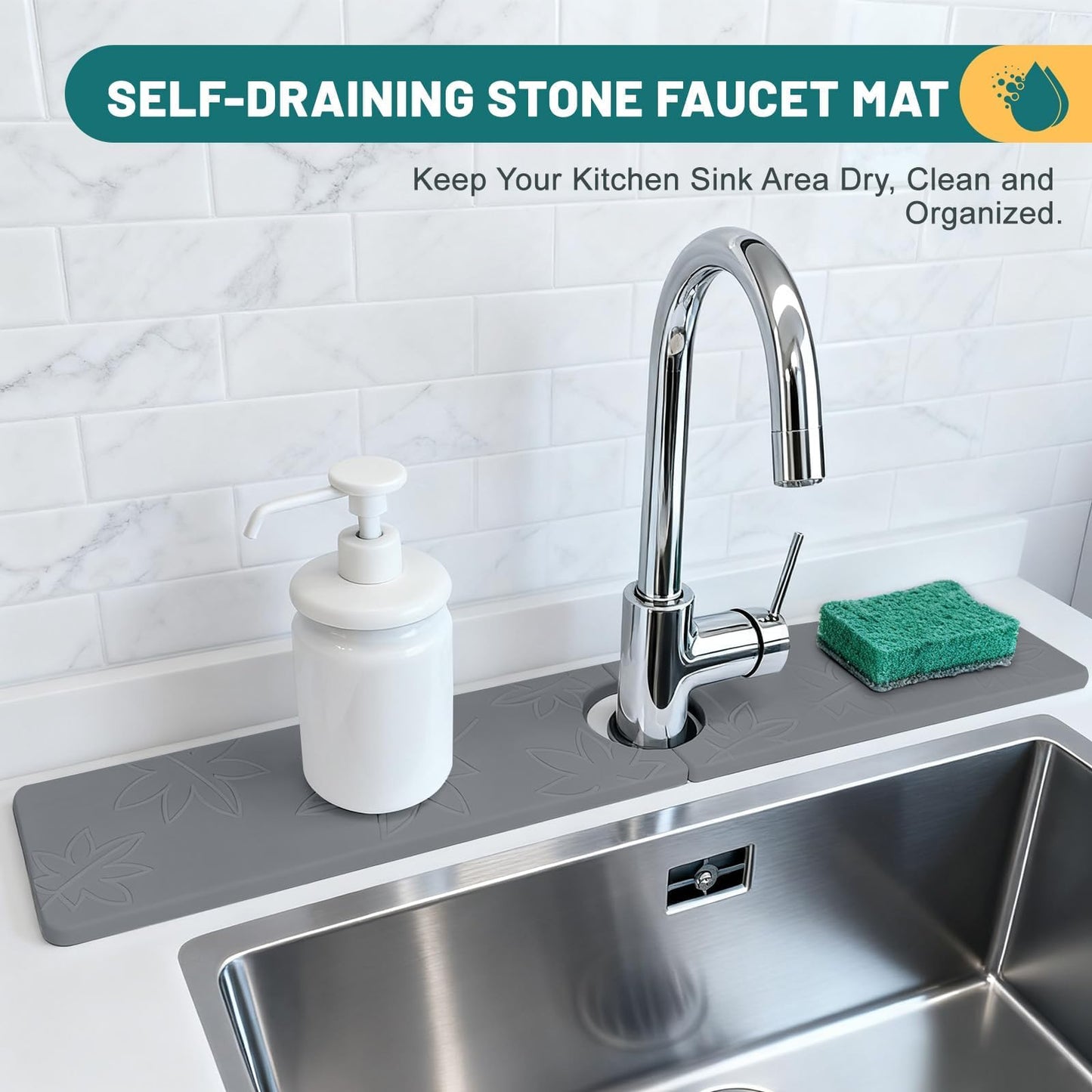 Hopegiver Stone Faucet Mat for Kitchen Sink - Fast Drying Diatomite Sink Protector Prevent Moisture, Super Water Absorbing Stone Tray for Kitchen & Bathroom Counter (White, 15.7"x3.9") BST326H