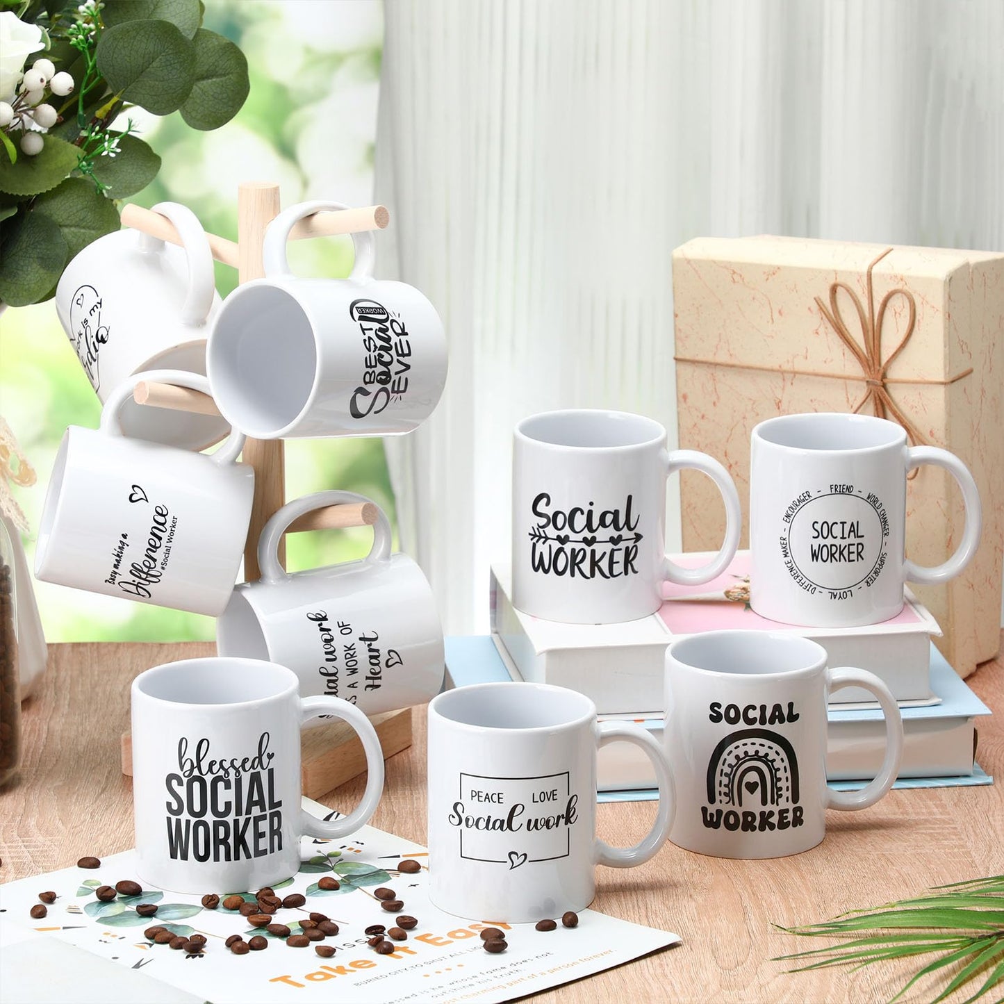 Honeydak 12 Pcs Social Worker Appreciation Gifts for Women Men 11oz Ceramic Mugs Bulk Thank You Gift for Social Worker Cup for Coworker Birthdays School Office Volunteer Nurse Week(Elegant) BST220