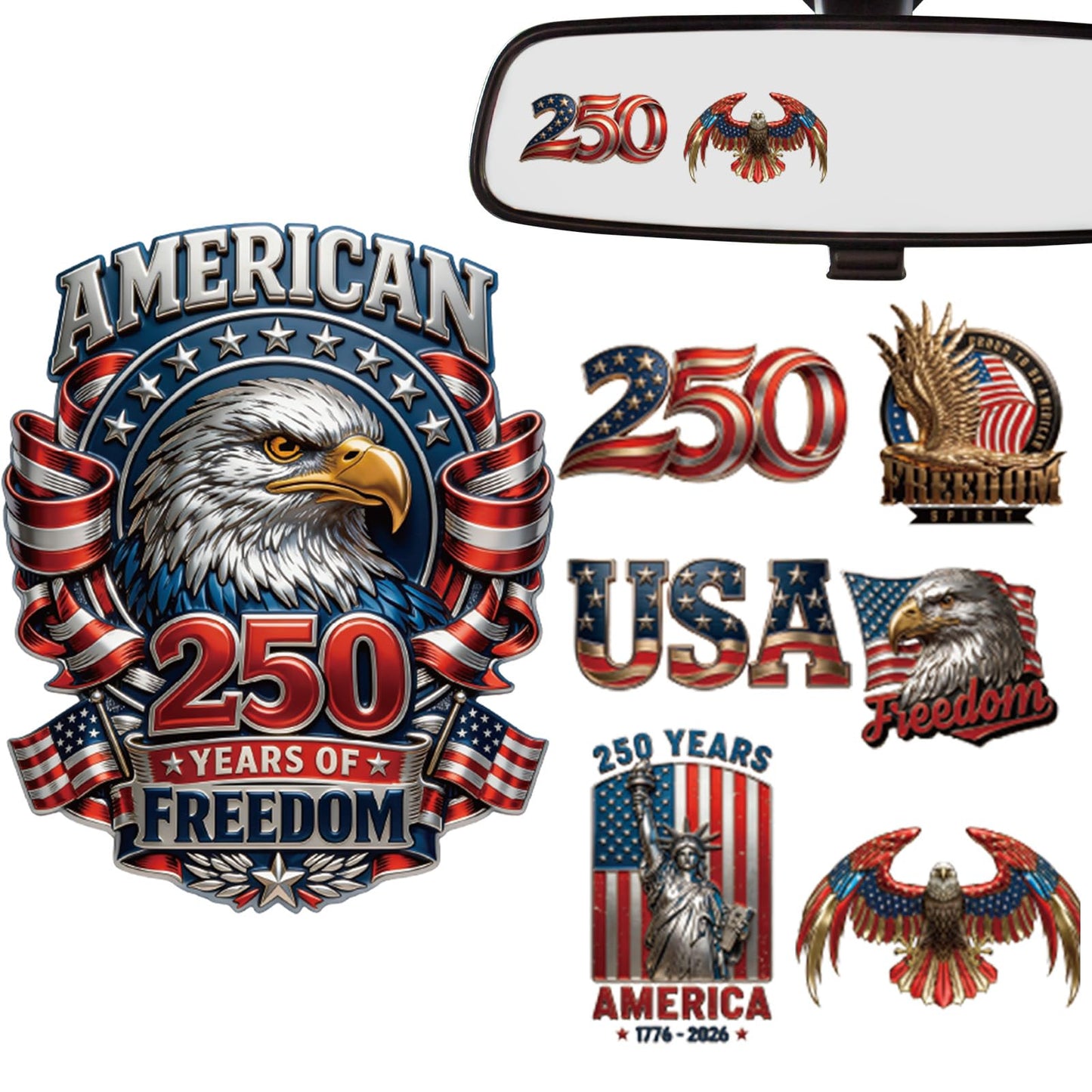 Dazoratix 250th Anniversary Car Decals - 7 Pcs Eagle 250 Years America Flag Merchandise American Patriotic USA 4th of July Independence Vinyl Rearview Mirror Stickers for Window Vehicle Tumbler Bumper BST326L