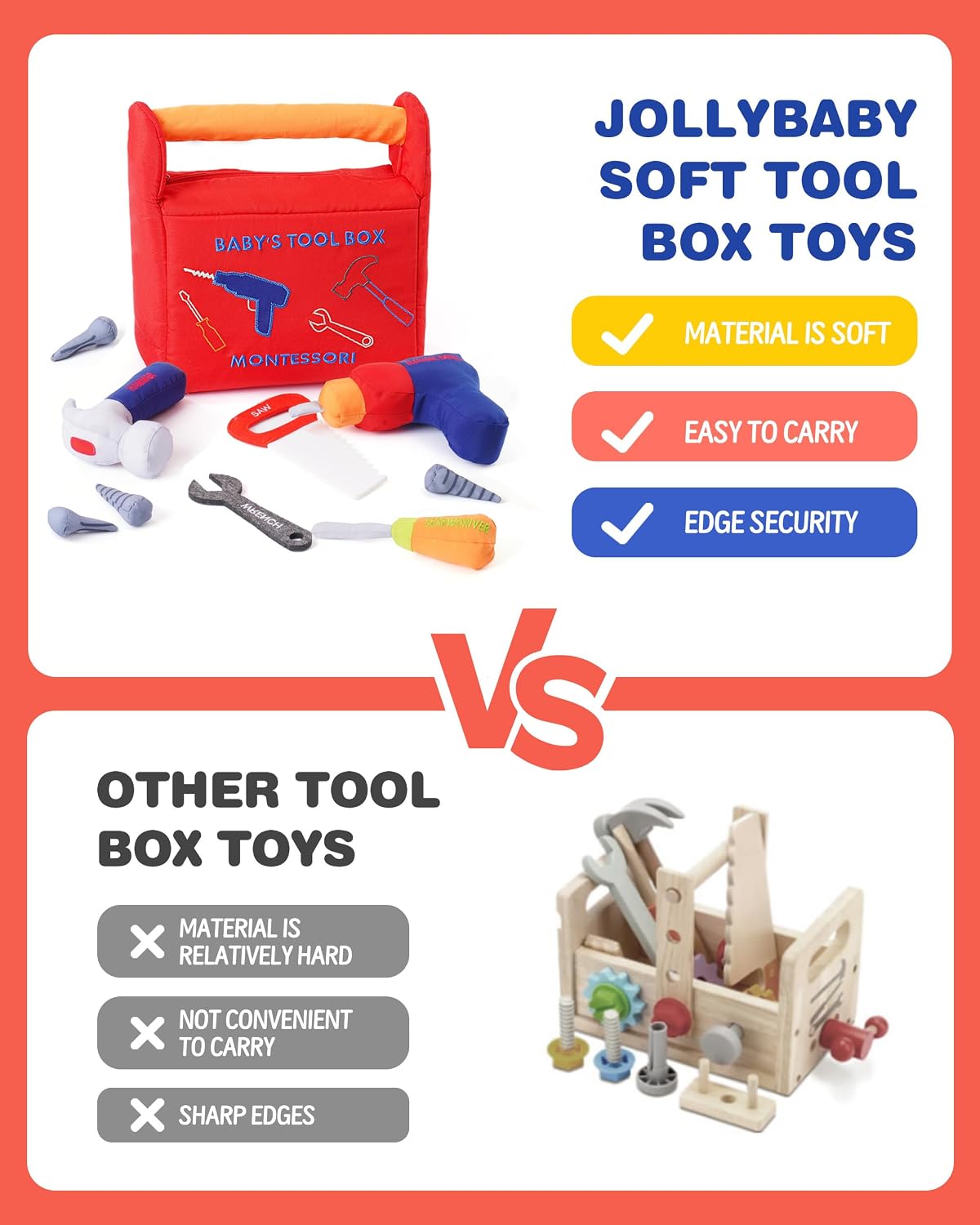 Jollybaby Soft Kid Tool Box Set Toy Inclub Drill Hammer Saw Wrench Screwdriver Screw for Baby, Montessori Preschool Educational Learning Construction Toys for Boy Birthday Gift - RED WN420
