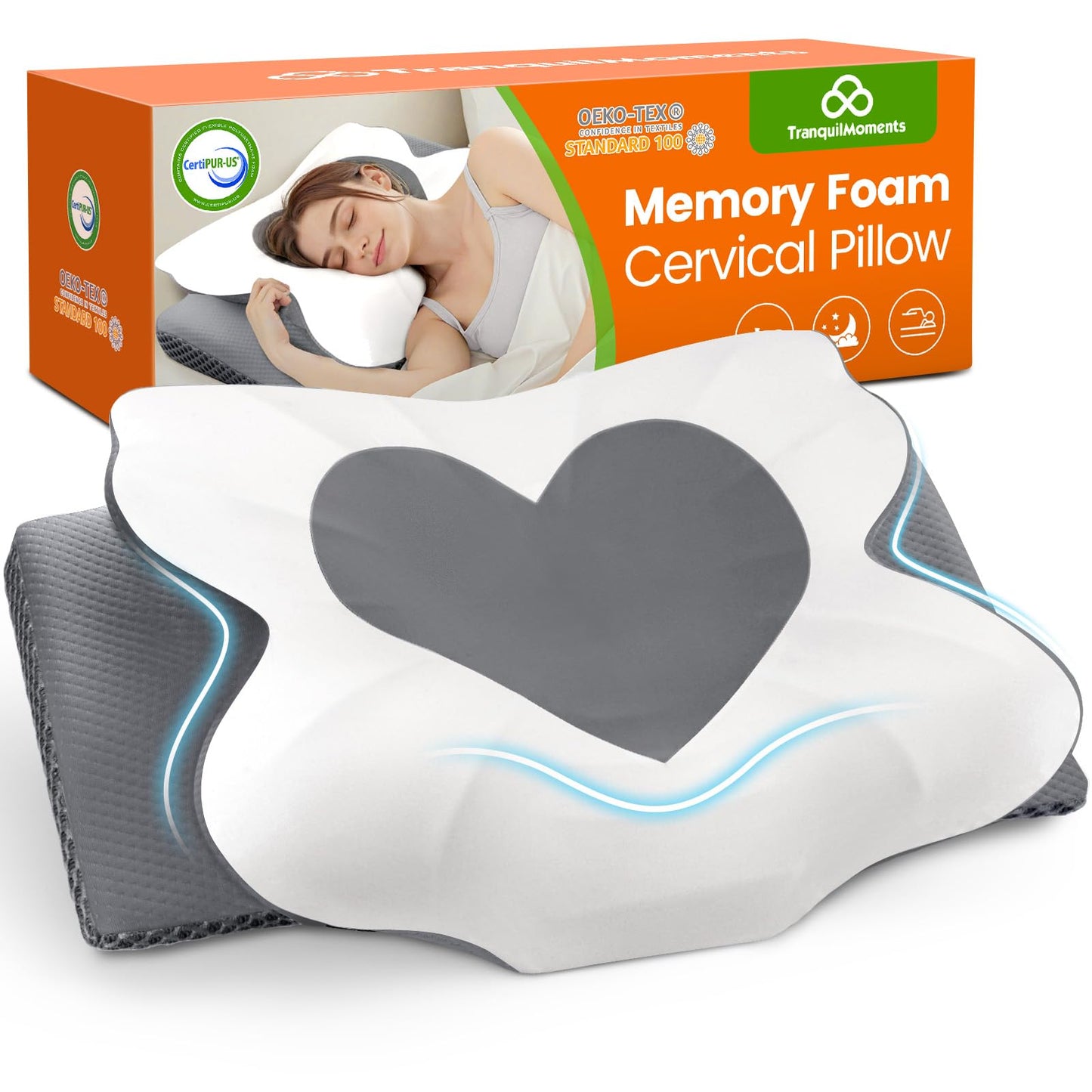 Cervical Neck Pillow for Sleeping, Memory Foam Pillow for Neck Support, Ergonomic Pillow for Pain Relief, Contour Bed Pillow for Side Back Stomach Sleepers, Grey, Queen Size BST220
