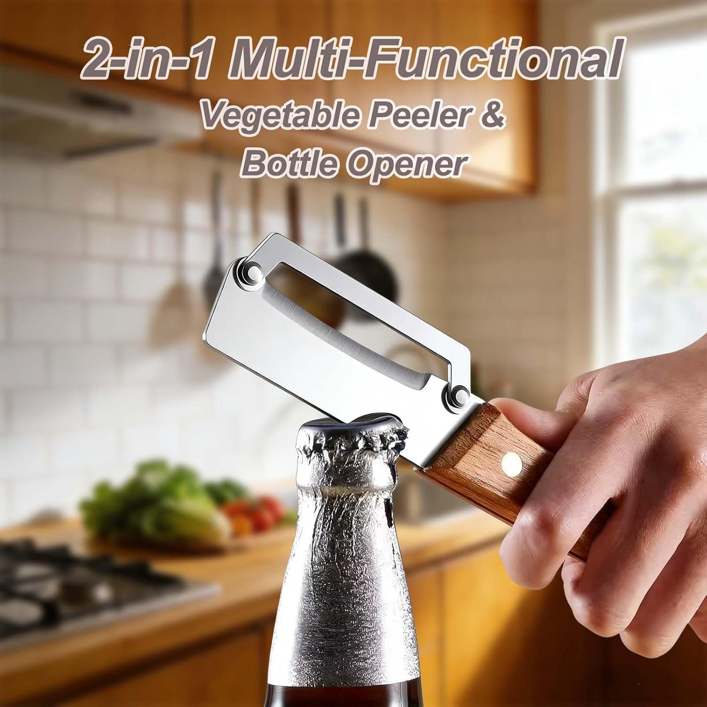 Vegetable Peeler with Wooden Handle and Bottle Opener, 2-in-1 Stainless Steel Kitchen Tool for Fruits, Potatoes, Pumpkins, 2 Pack BST326H