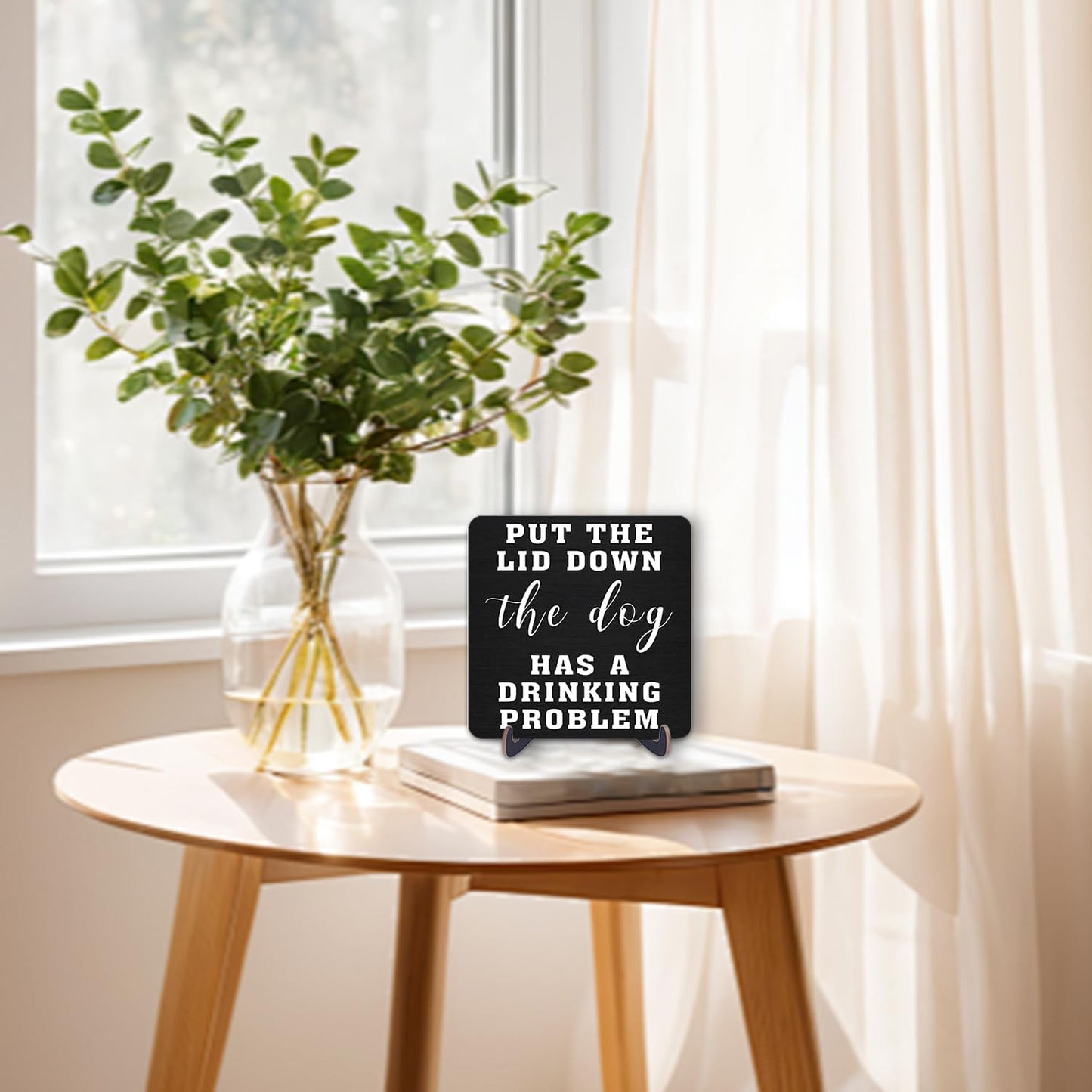 Funny Bathroom Sign Decor, Art Decor for Bathroom Shelf Toilet Restroom, Put the Lid Down the Dog Has a Drinking Problem Sign, 5 Inch Black Decor Wood Plaque With Stand, Modern Bathroom Decor(zsmp37) WN420