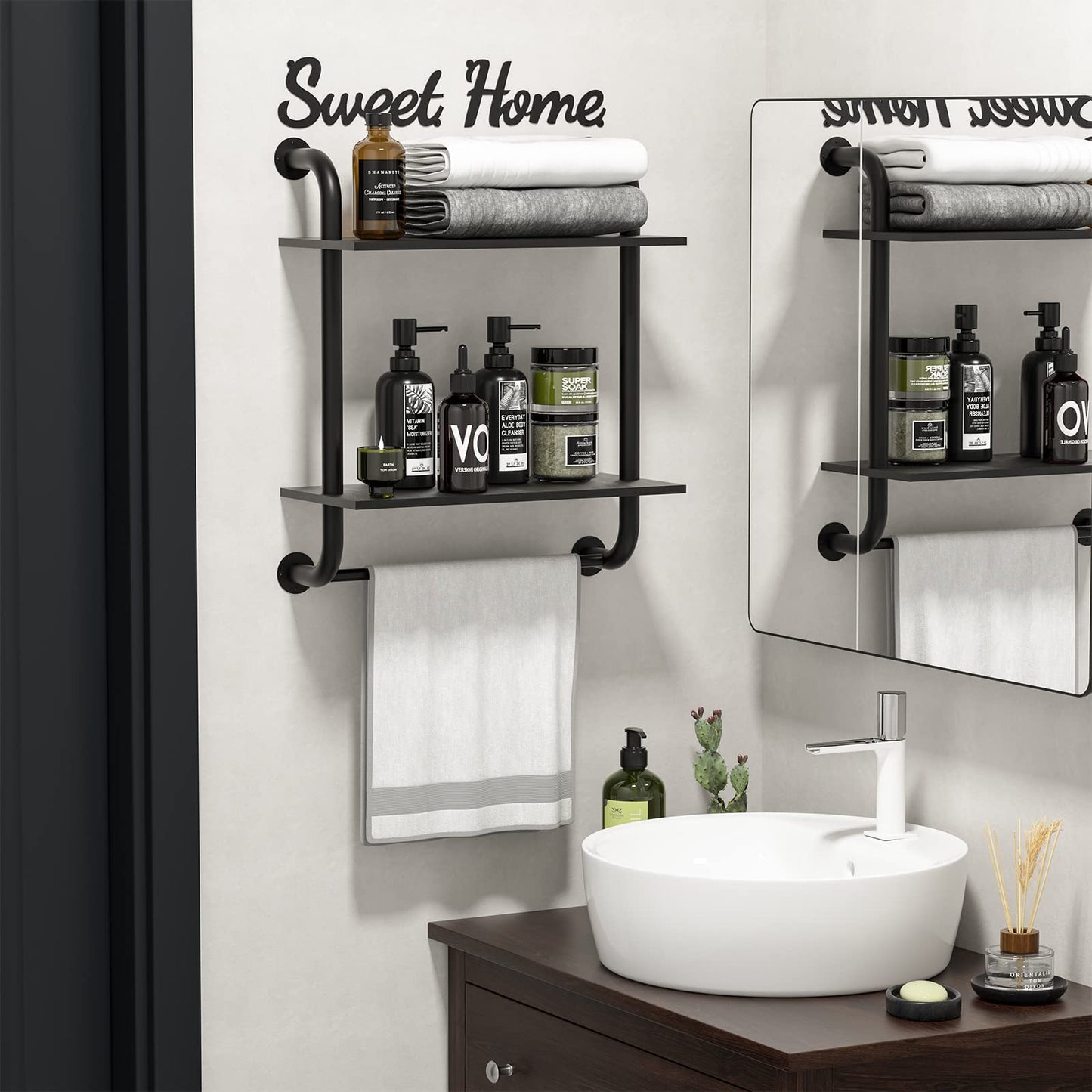 Tinpin Bathroom Shelves Wall Mounted, Rustic Farmhouse Pipe Shelves, Walls Shelf 3-Tier, Industrial Pipe Shelving, Floating Shelf Wall Decor for Bathroom, Kitchen, Bedroom, Living Room 17.3in Black DD1210
