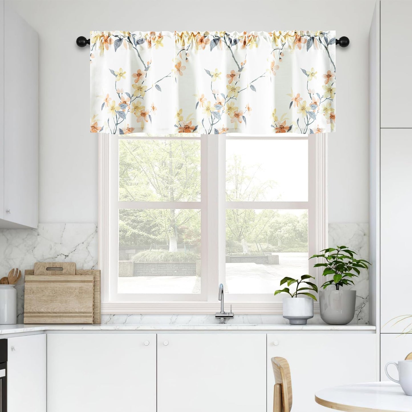Leeva Farmhouse Kitchen Valances for Windows, Watercolor Blossoming Floral Print Curtains, Soft Faux Linen Curtain Toppers and Valances for Bedroom, 60 x 14 Inch, Brown & Grey, 1 Panel BST220
