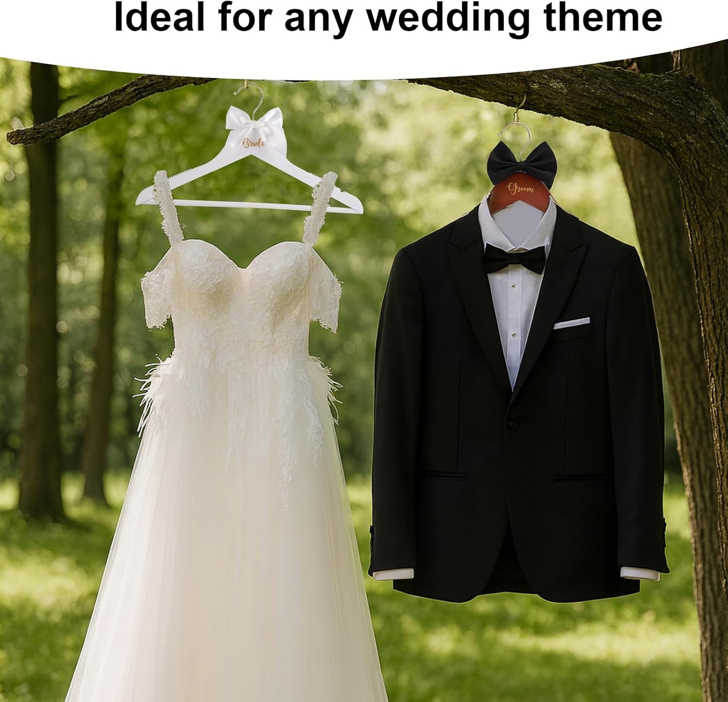 2pcs Bride and Groom Wedding Hangers, Wooden Elegant Bridal Dress Hanger with Bow & Bow Tie Wedding Dress Accessory for Bridal Party & Shower Supplies BST326H