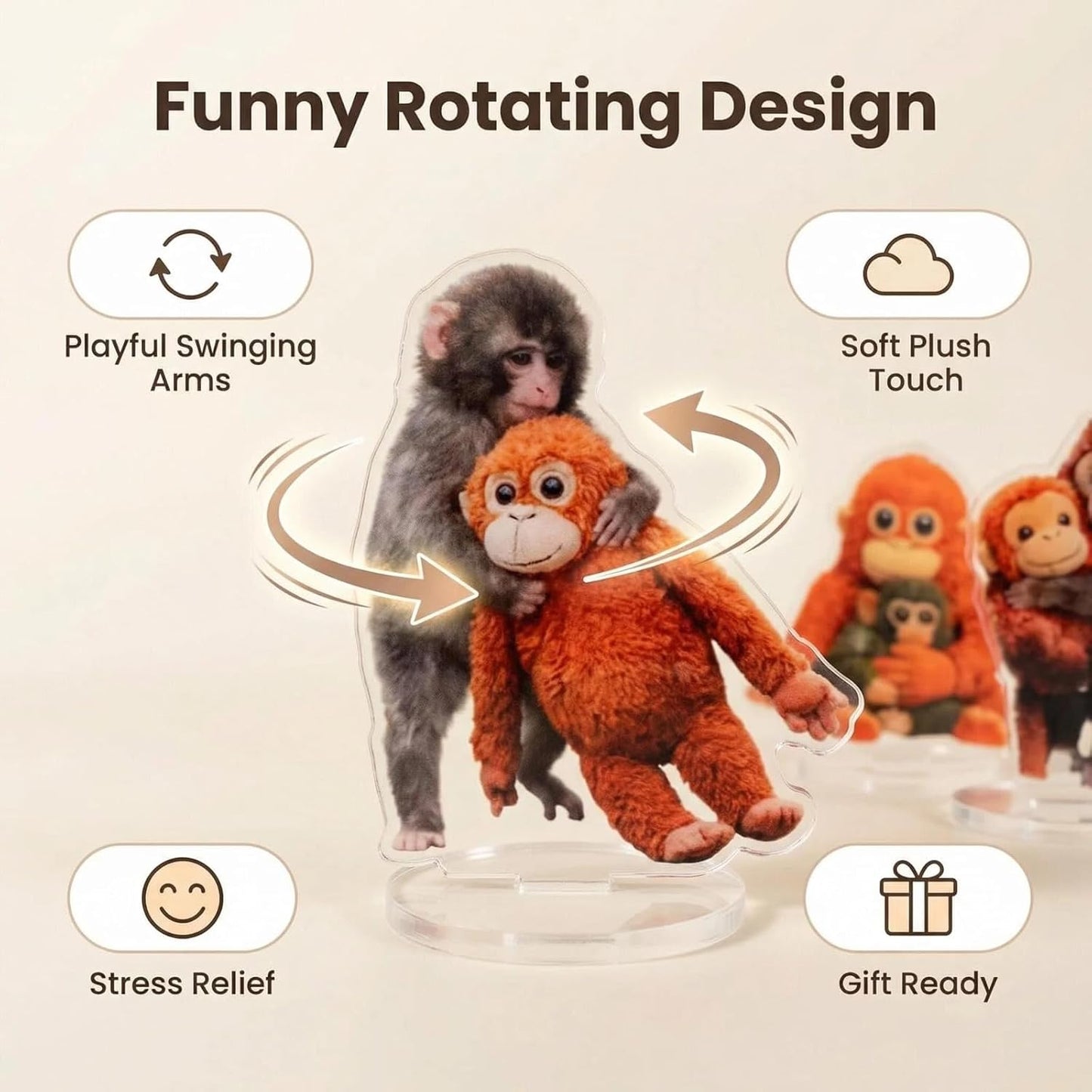 3-Pack Protect Punch Monkey Rotating Acrylic Display Plaque of Cute Monkey Toy for Desktop,Car Accessories and Gift,Rotatable, with Base (Beown) (ABC) BST202