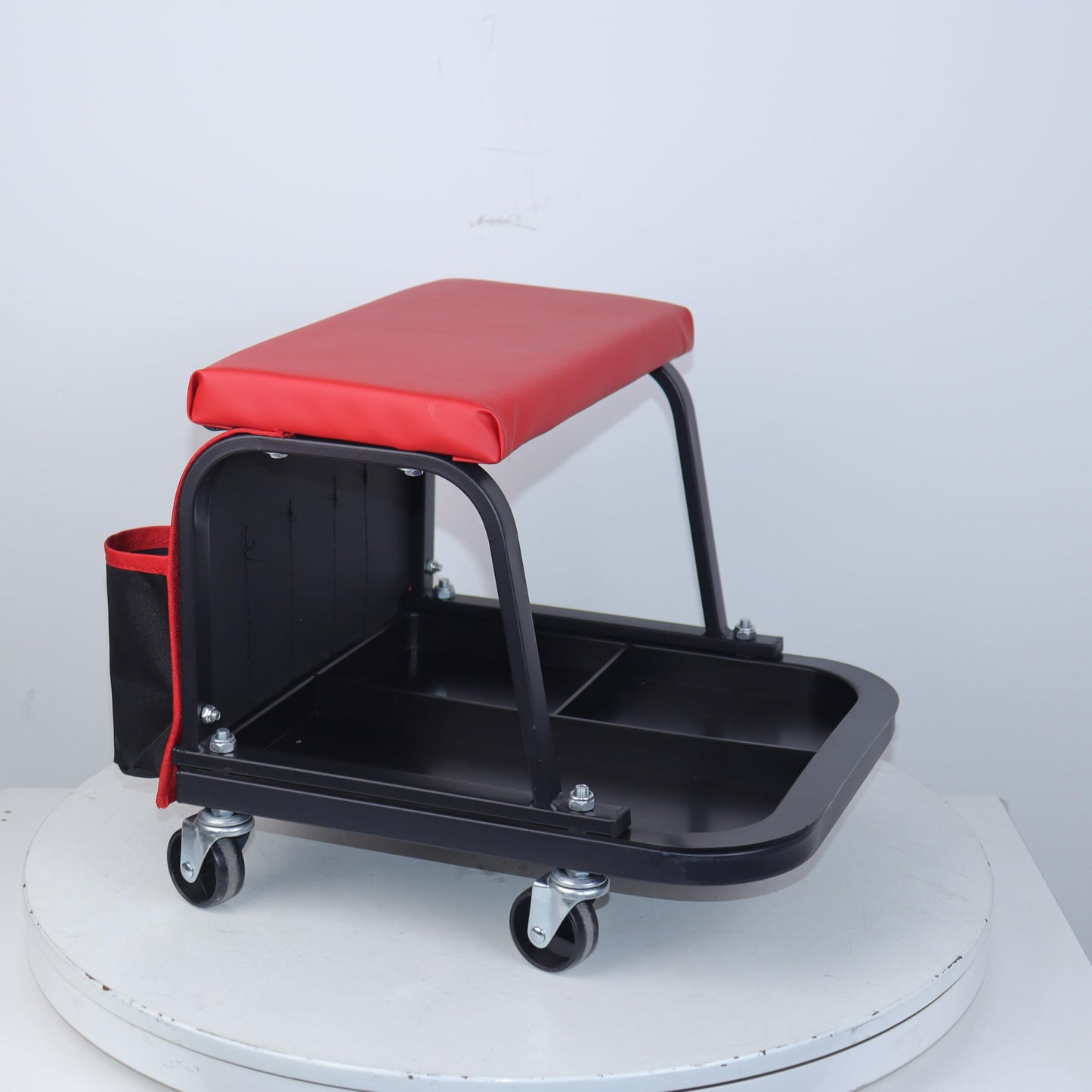 Rolling Mechanic Garage Stool on Wheels with Padded Cushion, Tool Tray Storage and Side Pockets, 300 LBS Capacity, Red BST220