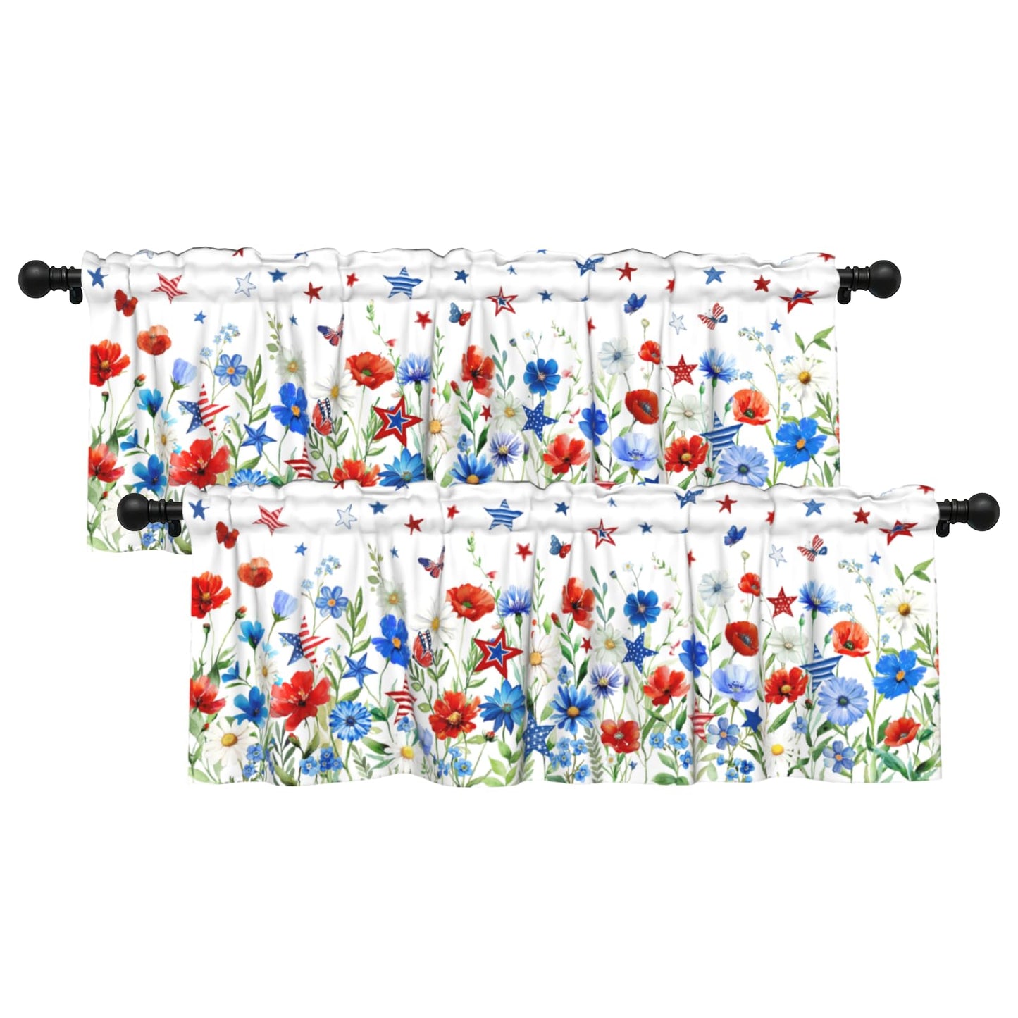 Patriotic Valance for Kitchen 2 Pack 54"x18" American Flag Curtains for Windows Red White Blue Stars 4th of July Independence Day Eucalyptus Leaf Window Treatment Rod Pocket Valance for Home Decor BST326L