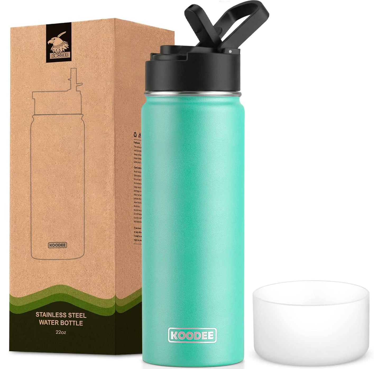koodee Water Bottle-12 oz Stainless Steel Double Wall Vacuum Insulated Water Bottle for School-Wide Mouth Flask with Straw Lid (Teal) BST220