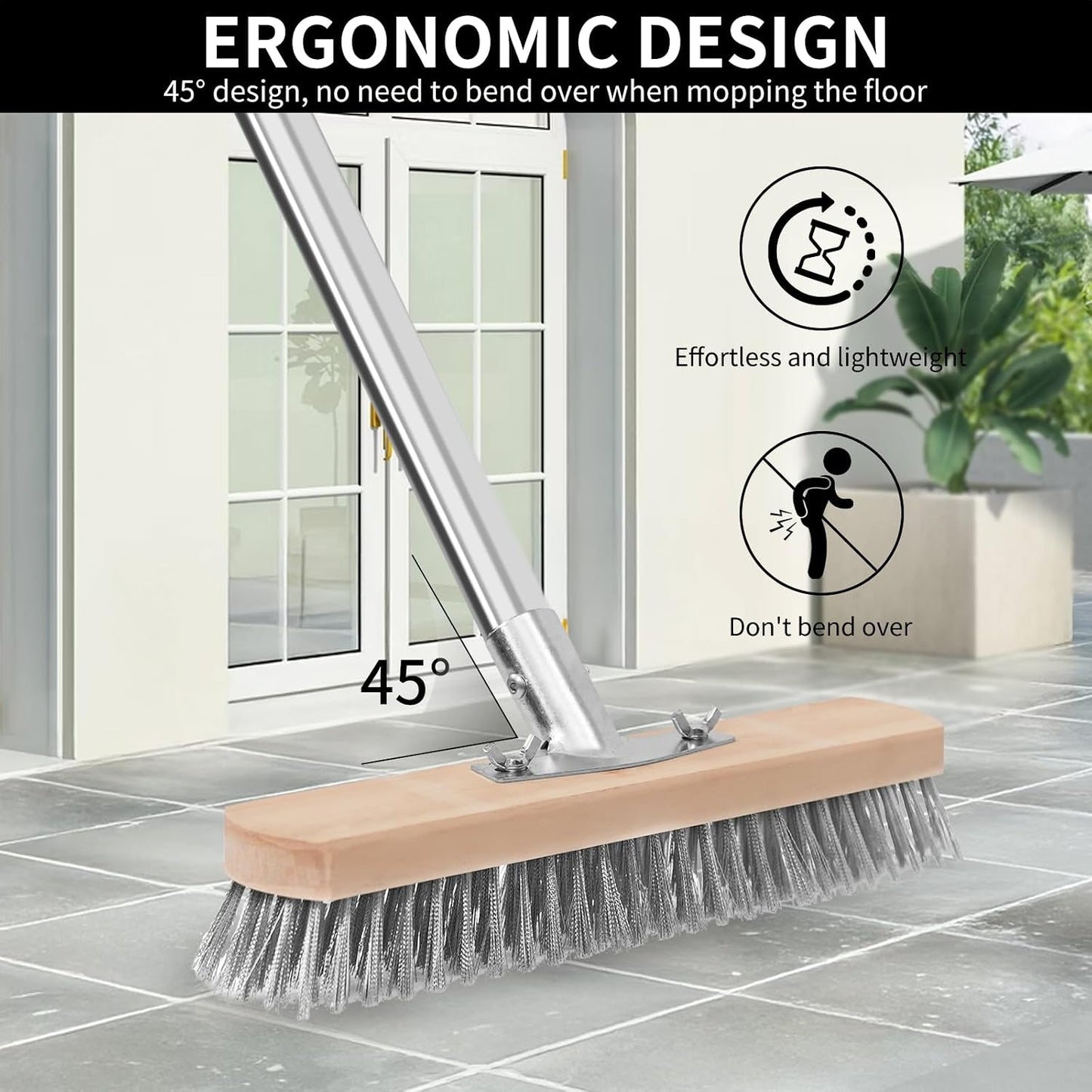 Stainless Steel Wire Scrub Brush with Long Handle, Heavy Duty Floor Scrubber Brush, Moss Remover Wire Broom for Deck, Rough Surface, Concrete Floor, Patio, Garden, Garage BST202