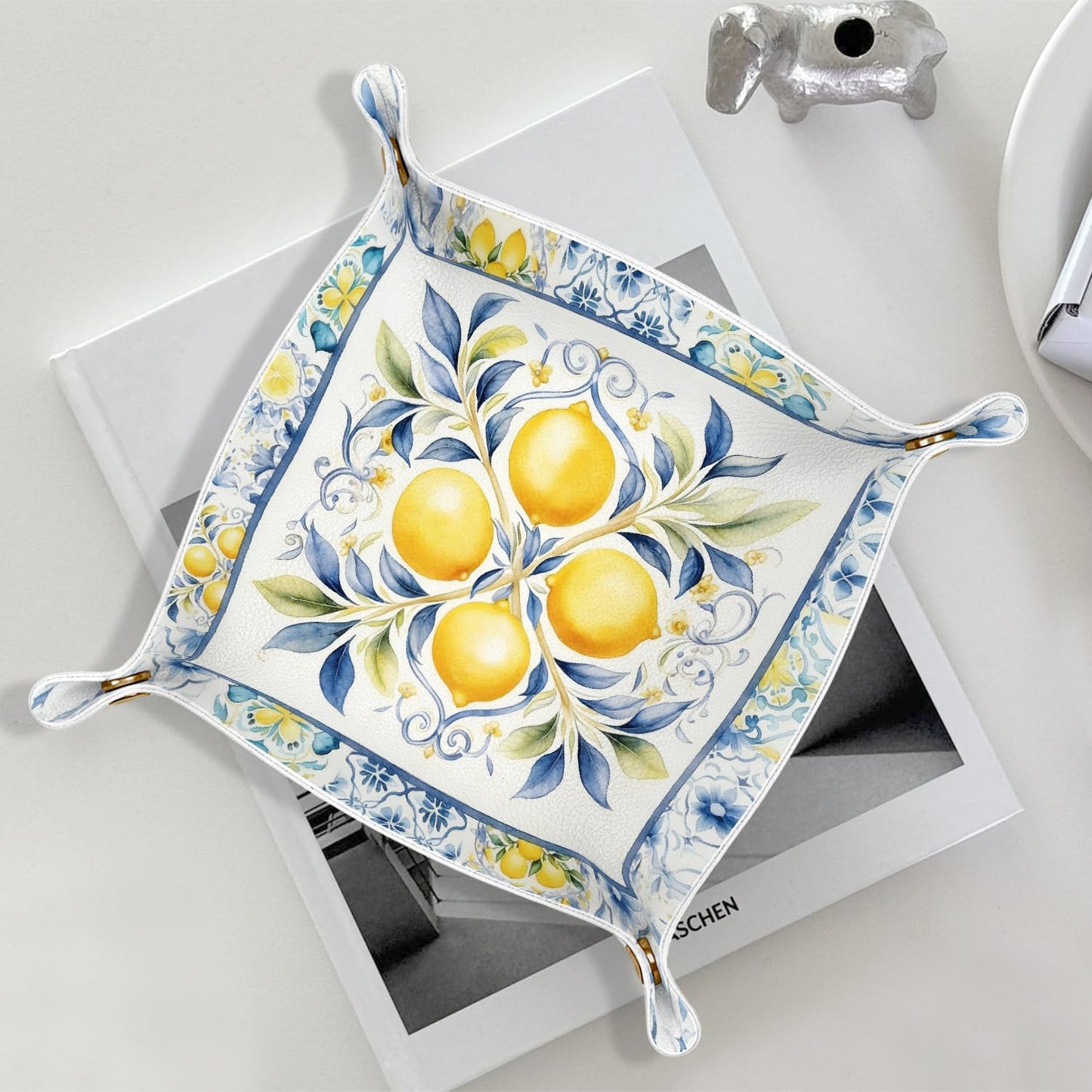 Marble Jewelry Valet Tray for Women Men, Black and Gold Marble PU Leather Catchall Beside Caddy Nightstand Organizer Tray for Jewelry Rings Watches Keys and Accessories, 7.87x7.87in BST220