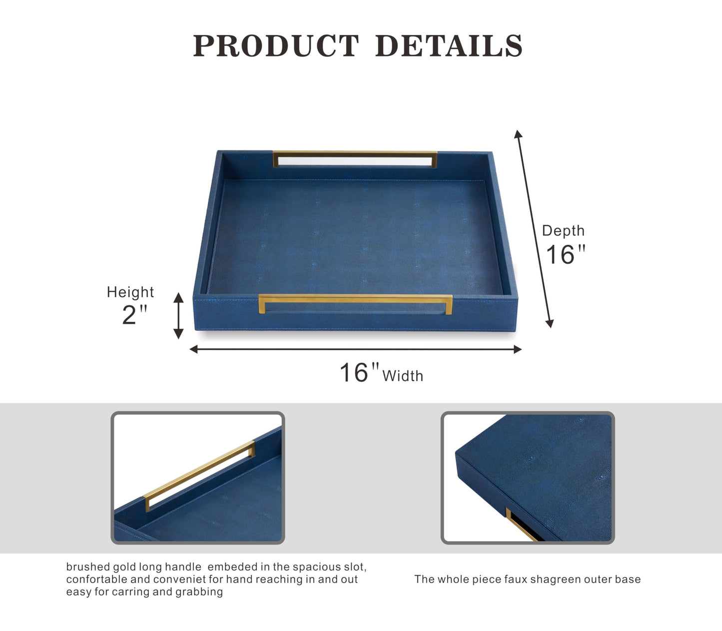 Sagala 16"x16" Ivory Shagreen Leather Serving Tray with Handles for Ottoman Coffee Table, Stylish Decorative Tray for Living Room Modern Home Decor (Ivory-Black, Square 16") BST220