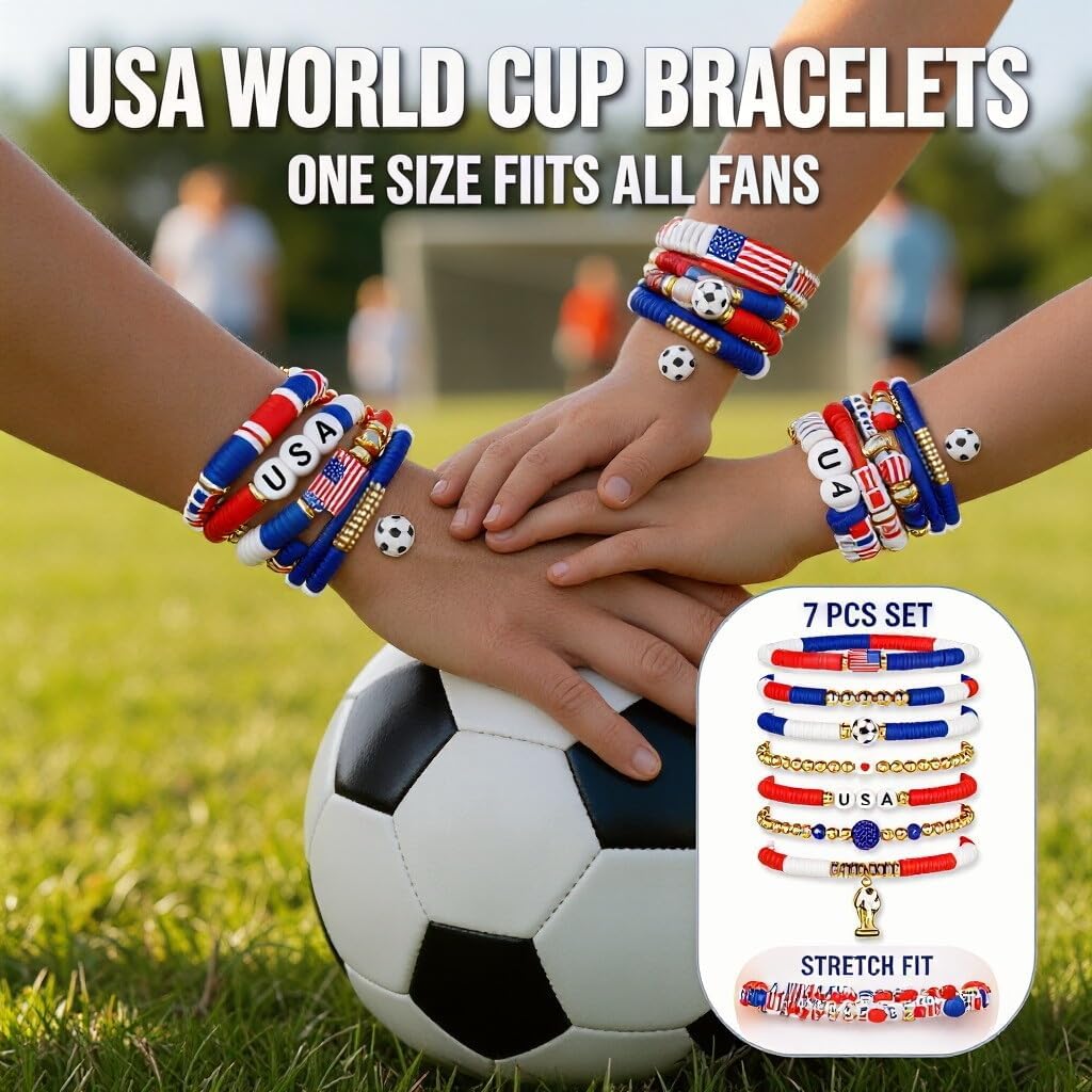 for FIFA World Cup 2026 Soccer Bracelets Gifts,for panini Game Day Soccer Bracelet Stack 7pcs Stackable Beaded USA Football Bracelets Outfits Jewelry Sports Fans Gifts Essentials Party Favors BST326L