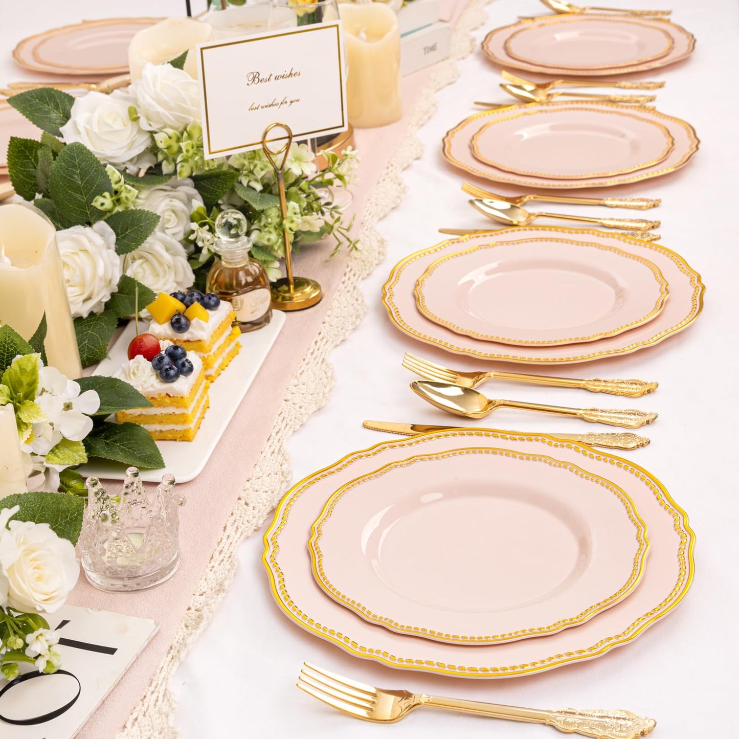 Hioasis 60pcs Pink Plastic Plates - Pink and Gold Disposable Dinnerware with Gold Rim N26