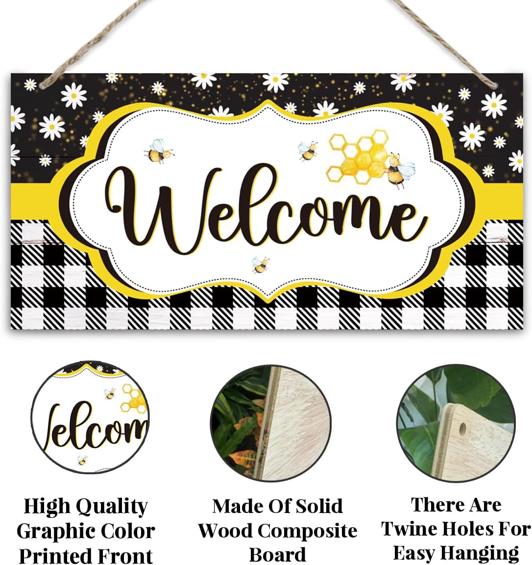 Daisy and Bee Welcome Sign, Rustic Daisy Summer Welcome Sign for Front Door, Farmhouse Home Porch Garden Yard Decor, Rustic Contemporary Farmhouse Wall Decor BST202