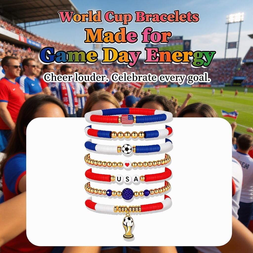 for FIFA World Cup 2026 Soccer Bracelets Gifts,for panini Game Day Soccer Bracelet Stack 7pcs Stackable Beaded USA Football Bracelets Outfits Jewelry Sports Fans Gifts Essentials Party Favors BST326L