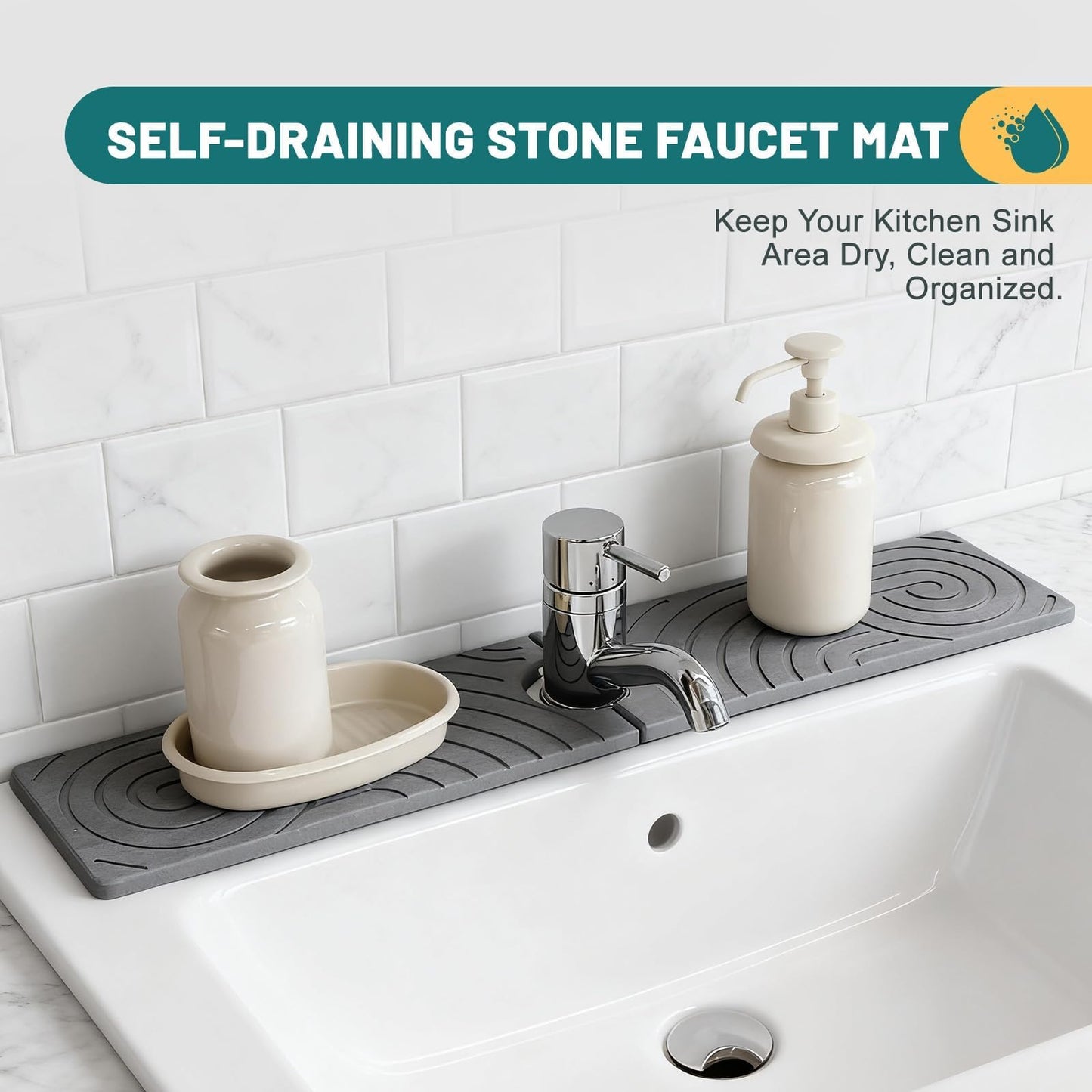 Hopegiver Stone Faucet Mat for Kitchen Sink - Fast Drying Diatomite Sink Protector Prevent Moisture, Super Water Absorbing Stone Tray for Kitchen & Bathroom Counter (White, 15.7"x3.9") BST326H