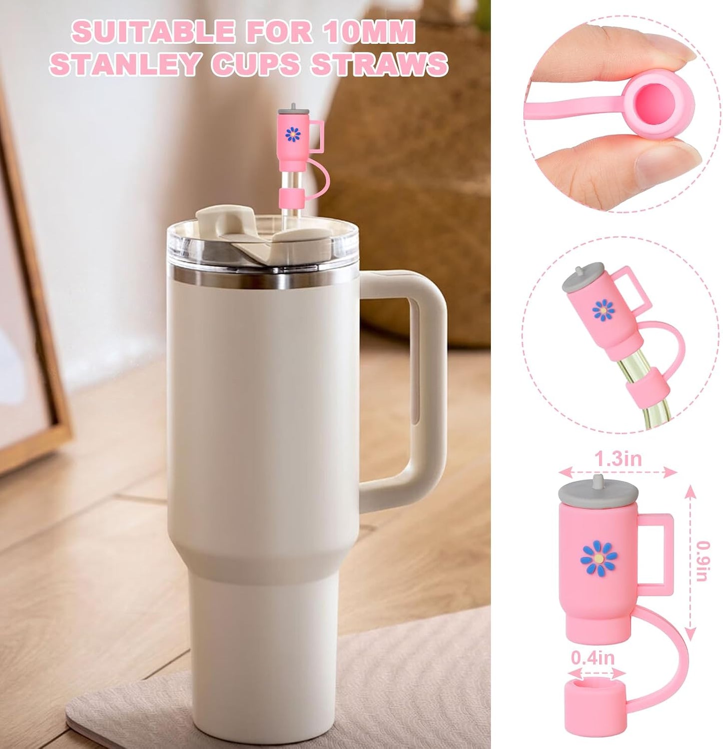 AUAUY 4 Straw Covers for Stanley Cup 40oz & 30oz, Reusable Straw Tips 0.4"/10mm, Cute Accessories (Rose Red Cup) WN420