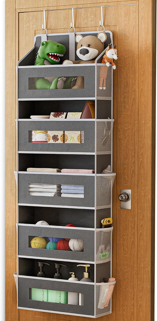 5 Tier Over The Door Organizer - Large Capacity Behind Door Hanging Shelves with 10 Mesh Pockets and Clear Windows, Closet Organizers and Storage for Bathroom, Bedroom, Nursery, Grey BST326H