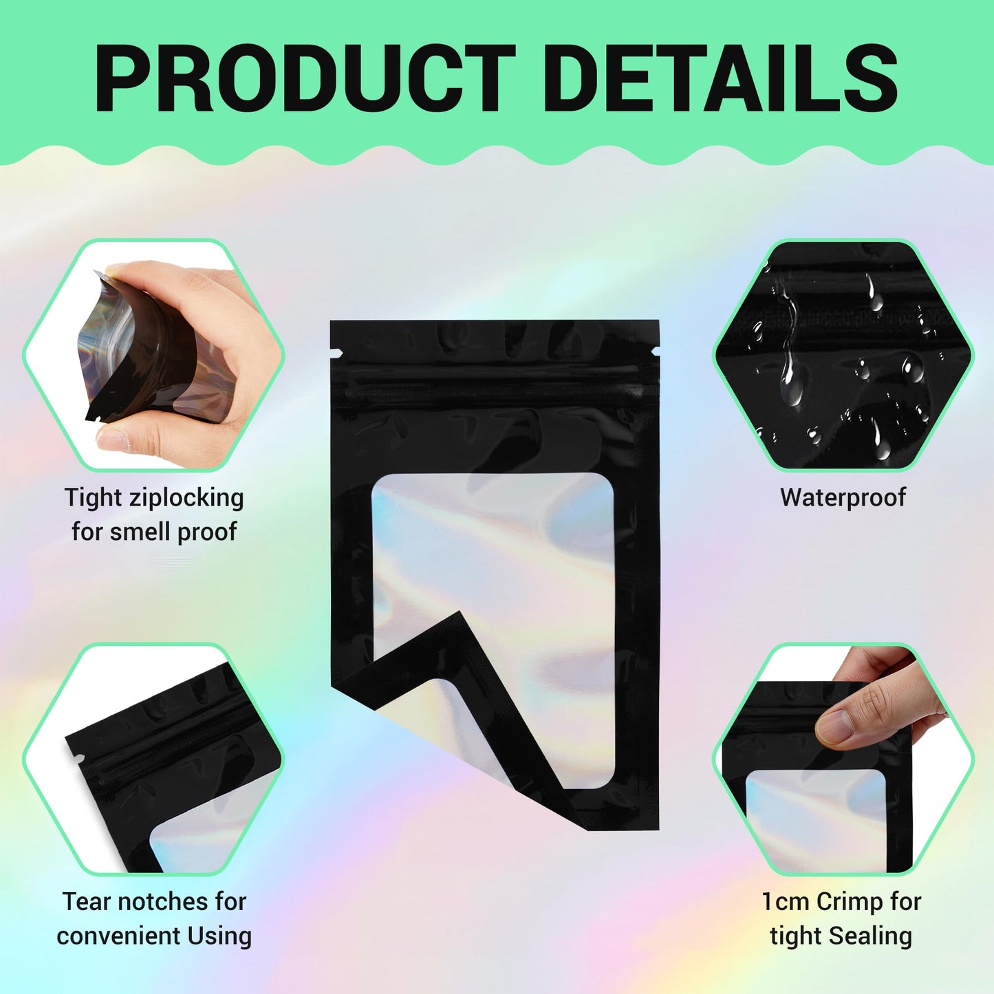 Holographic Mylar bags -100Pcs Self-Seal Resealable Zip Baggies with Clear Window, Smell Proof Laser Iridescent White 3x4.7 inch for Small Business Samples, Party favors,Snacks,Jewelry BST326L