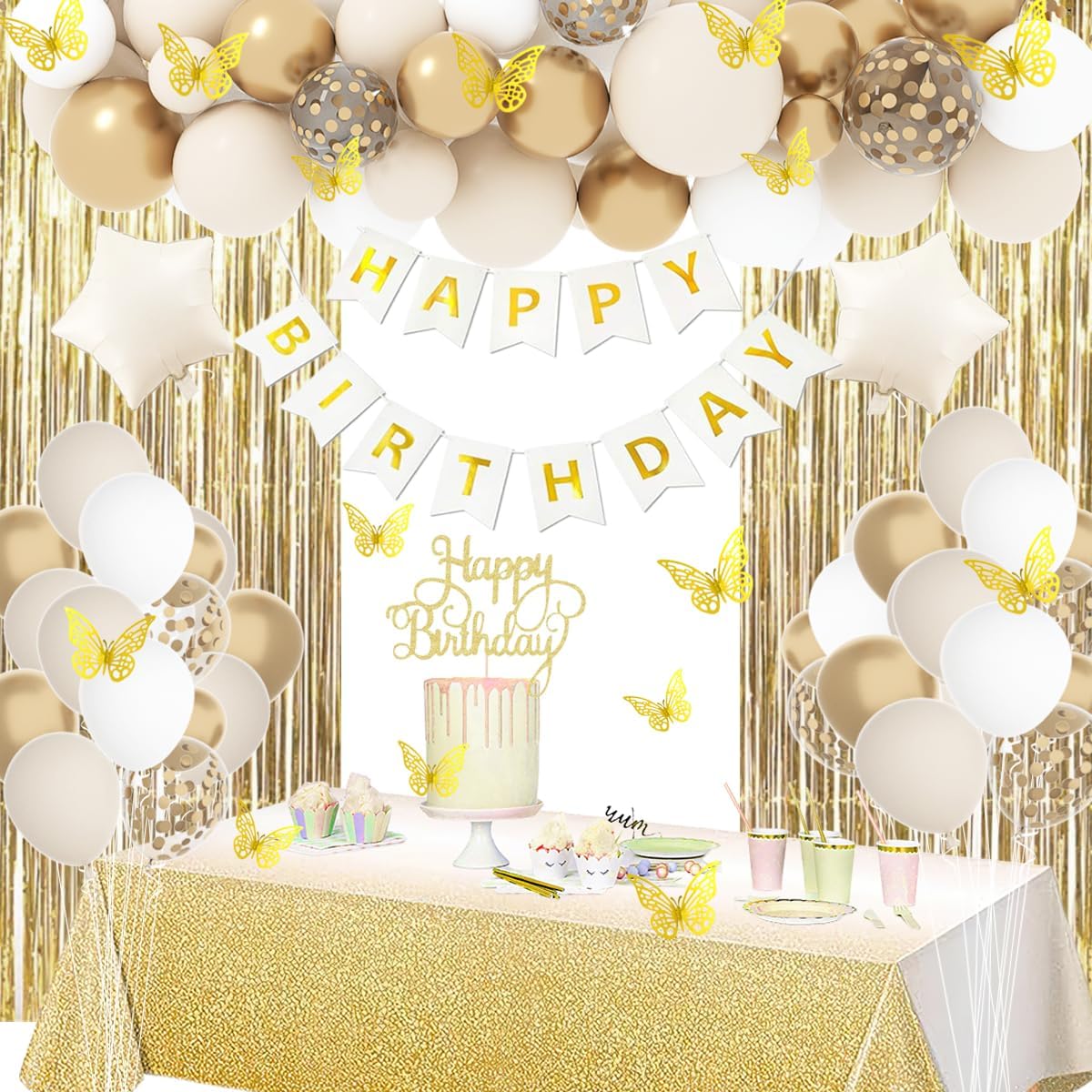 Gold Birthday Decorations for Women, Gold White Birthday Decorations Sand White Beige Neutral Gold Balloons Table Cloth Curtains Happy Birthday Banner Butterfly Boho Birthday Party Decorations BST326H
