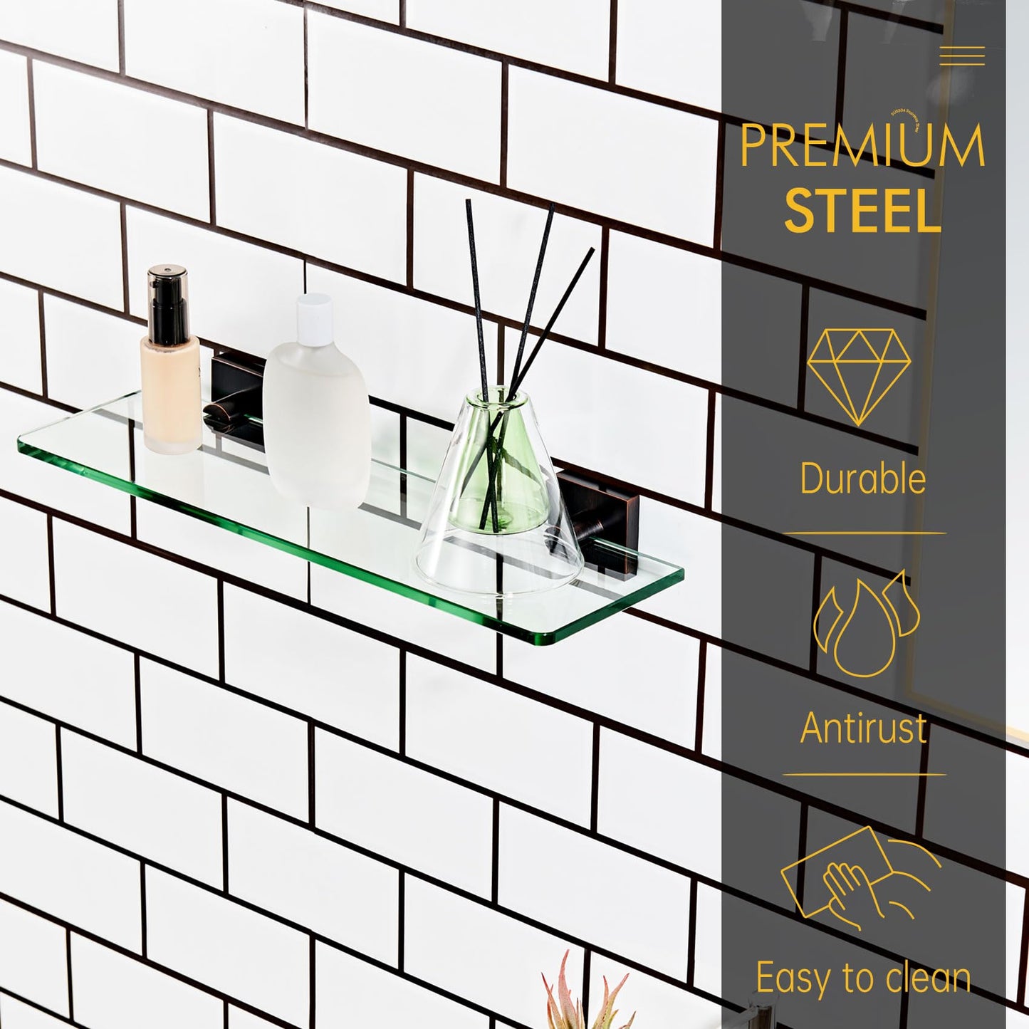 KOKOSIRI Glass Shelf for Bathrooms Floating Shelves Wall Mount 16-Inch for Shower Storage Kitchen Rack, 2 Pack Brushed Stainless Steel B1107BR-L16-P2 BST202