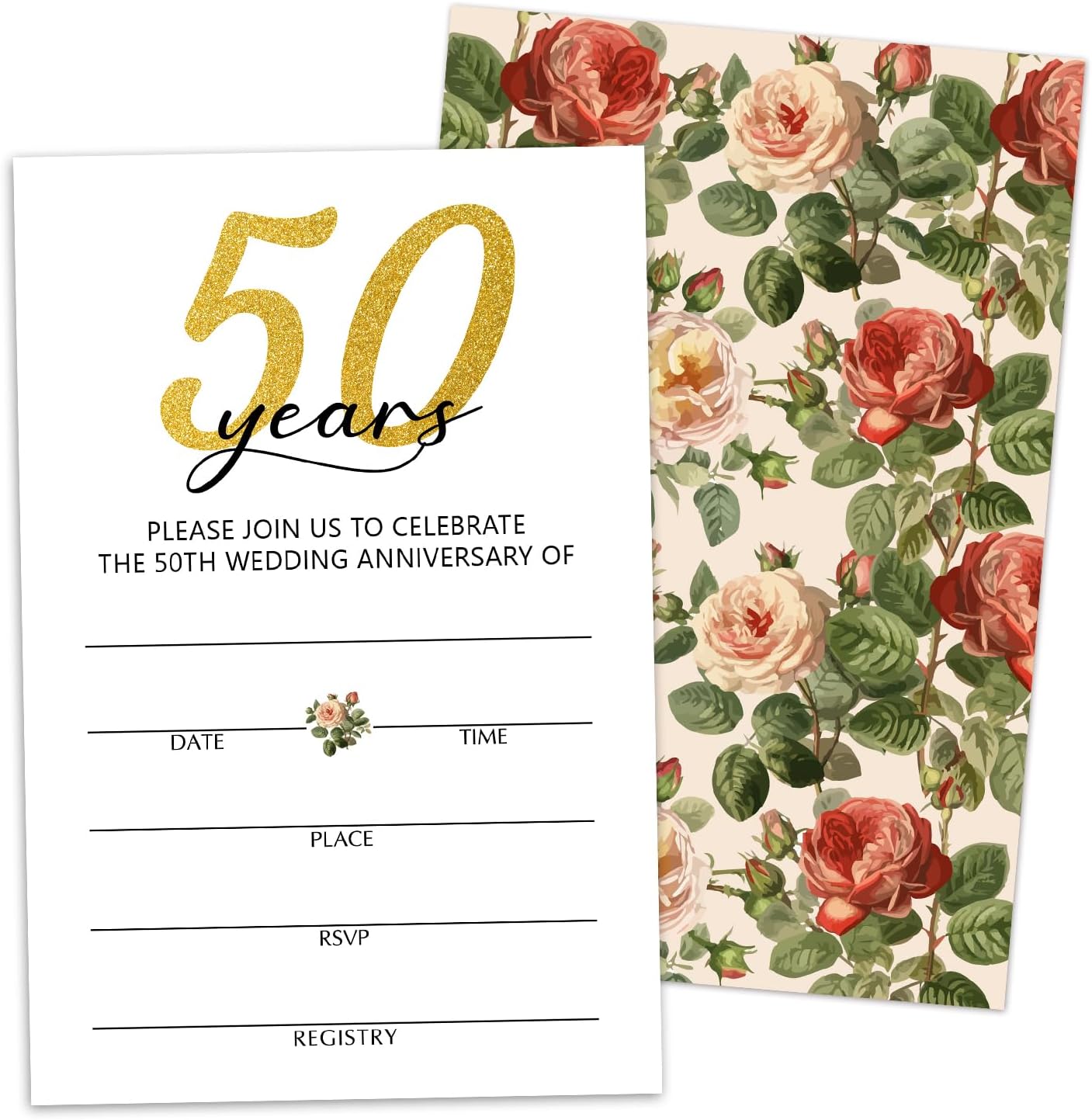50 Years Anniversary Bridal Shower Invitations Cards, Set of 25 Gold Foil Floral Fill in Style 50th Year Wedding Invites Cards with Envelopes for Couples Marriage Party Supplies-T05 WN420