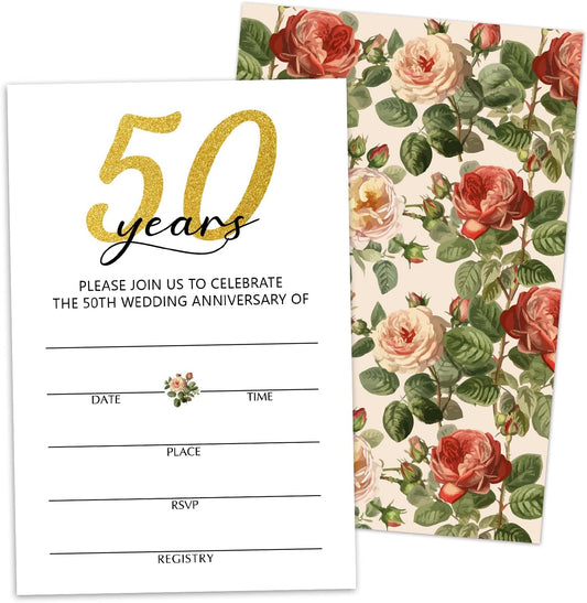 50 Years Anniversary Bridal Shower Invitations Cards, Set of 25 Gold Foil Floral Fill in Style 50th Year Wedding Invites Cards with Envelopes for Couples Marriage Party Supplies-T05 WN420
