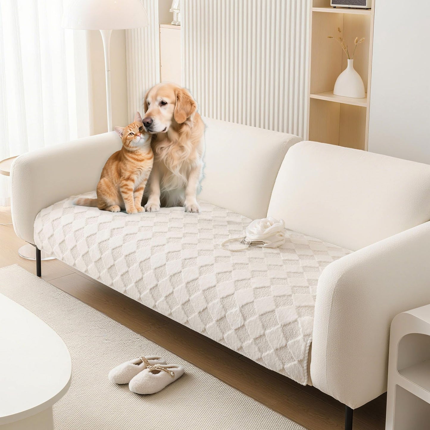 HANDONTIME Fuzzy Dog Couch Cover Washable, Pet-Friendly Sofa Covers Non-Slip Geometric Jacquard Pet Protector Furniture Cover for 3 Cushion Sofa Cozy Fuzzy Dog Mat for Couch (Grey, 35.4" x 70.9") BST202