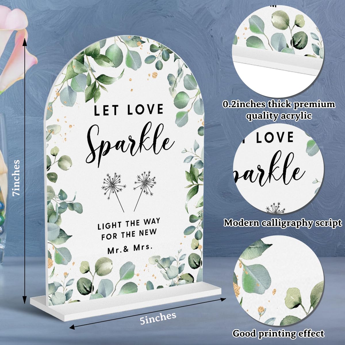 Acrylic Wedding Signs, Bubble Send Off Signs for Marriage Reception, Bridal Shower Decorations, Modern Arched Round Top Acrylic Table Top Sign with Holder for Wedding Party (White Eucalyptus Leaves) BST326L
